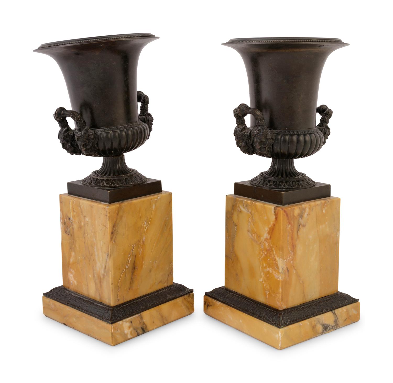 A Pair of Grand Tour Bronze and Marble Urns