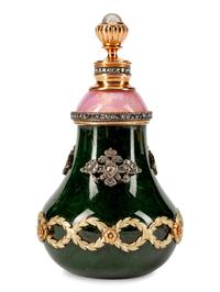 A Russian Spinach Jade, 14k Gold, Diamond and Enamel Perfume Bottle