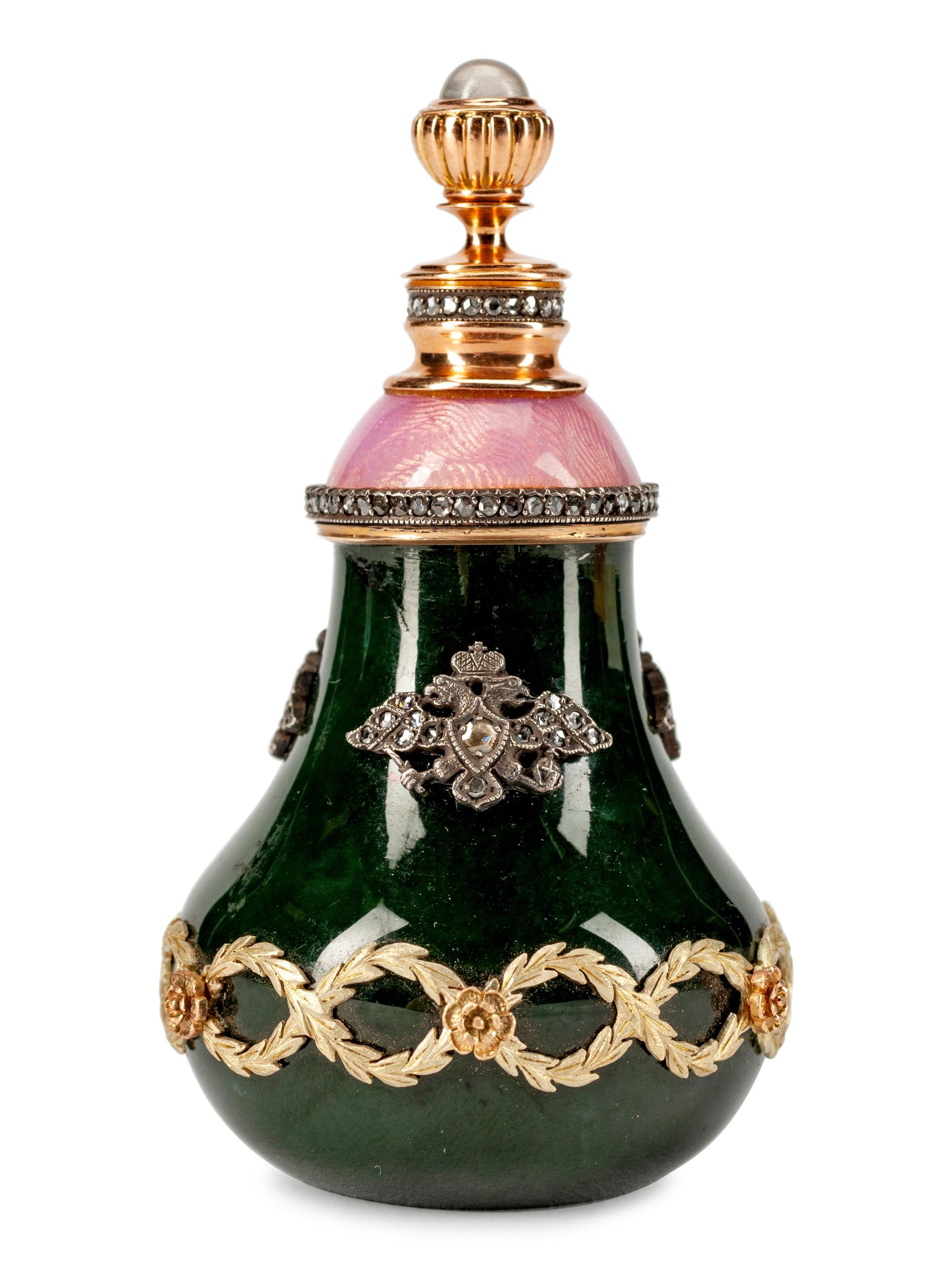 A Russian Spinach Jade, 14k Gold, Diamond and Enamel Perfume Bottle
