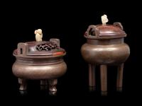 Two Chinese Silver Inlaid Bronze Tripod Incense Burners