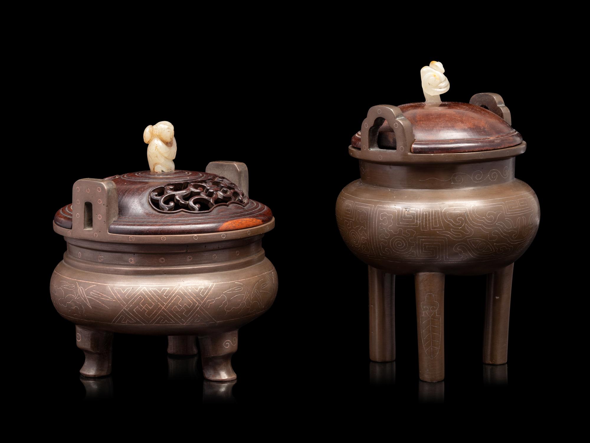 Two Chinese Silver Inlaid Bronze Tripod Incense Burners