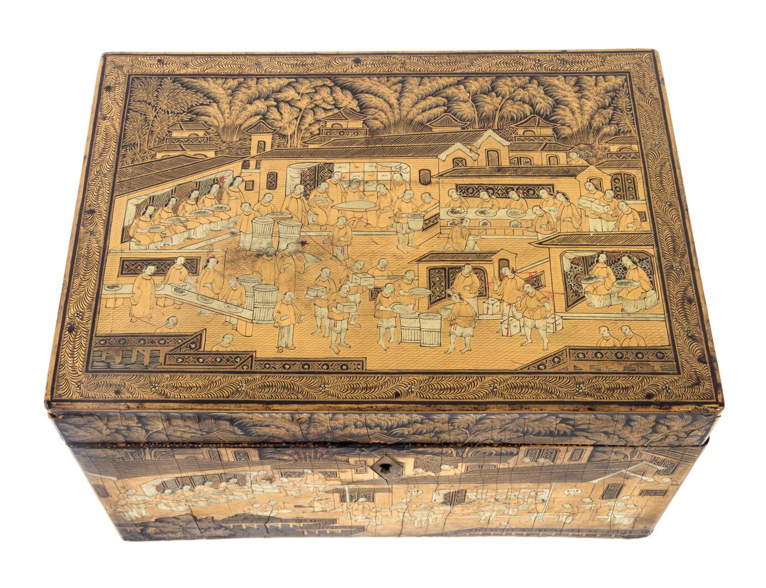 A Chinese Export Lacquered Tea Caddy Height 5 1/8 x width 10 1/4 x depth 7 1/2 inches. — 19TH CENTURY