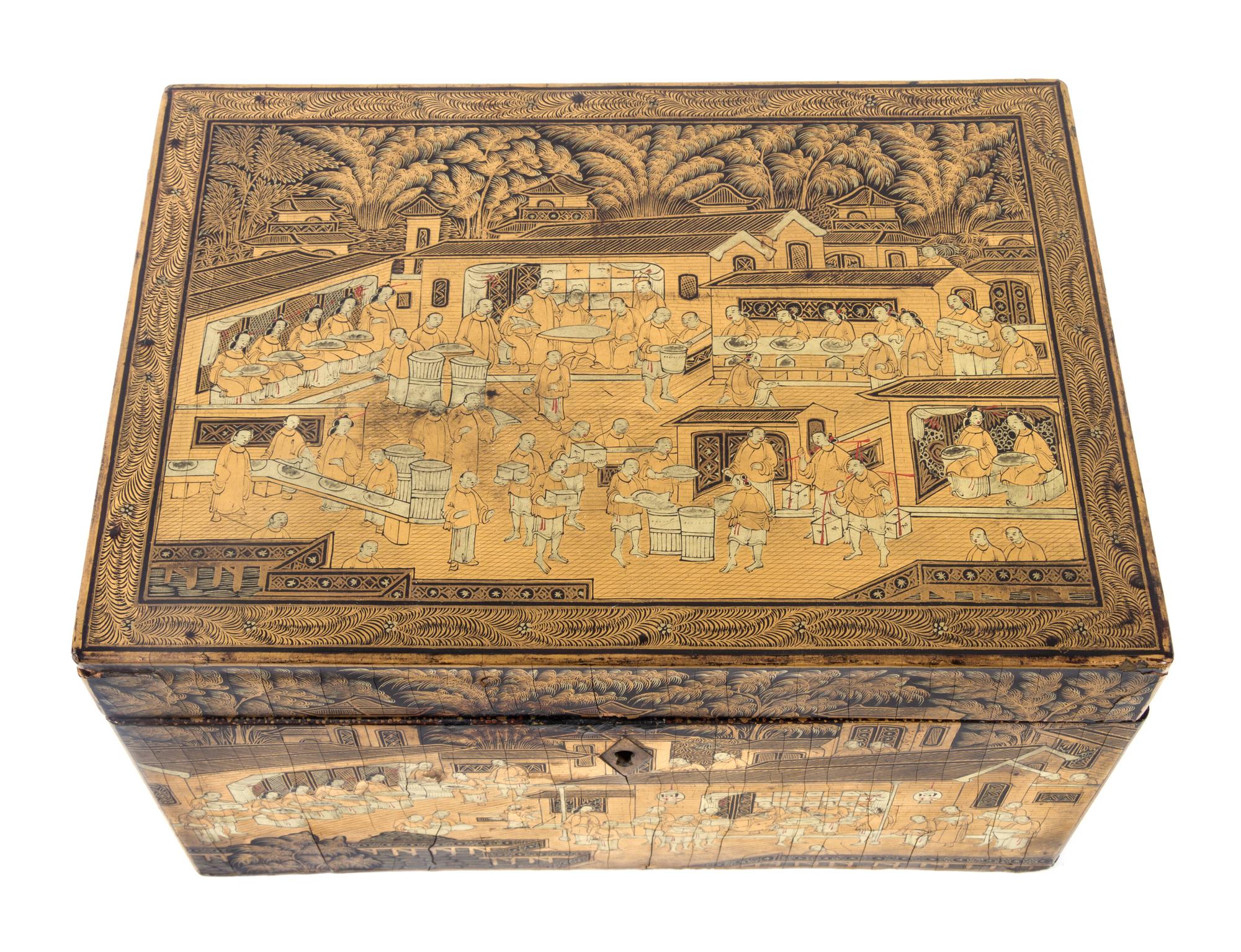 A Chinese Export Lacquered Tea Caddy Height 5 1/8 x width 10 1/4 x depth 7 1/2 inches. — 19TH CENTURY