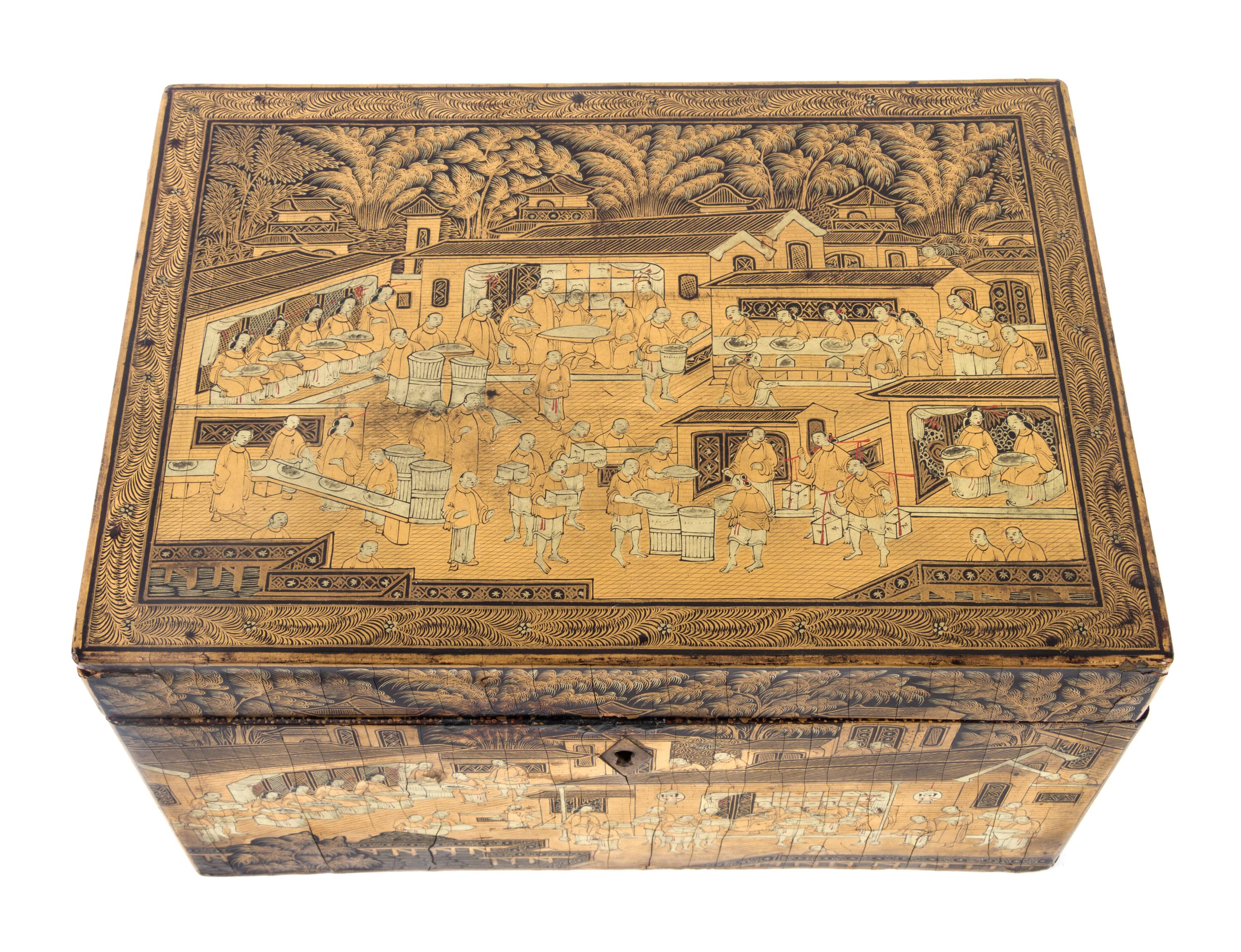 A Chinese Export Lacquered Tea Caddy Height 5 1/8 x width 10 1/4 x depth 7 1/2 inches. — 19TH CENTURY