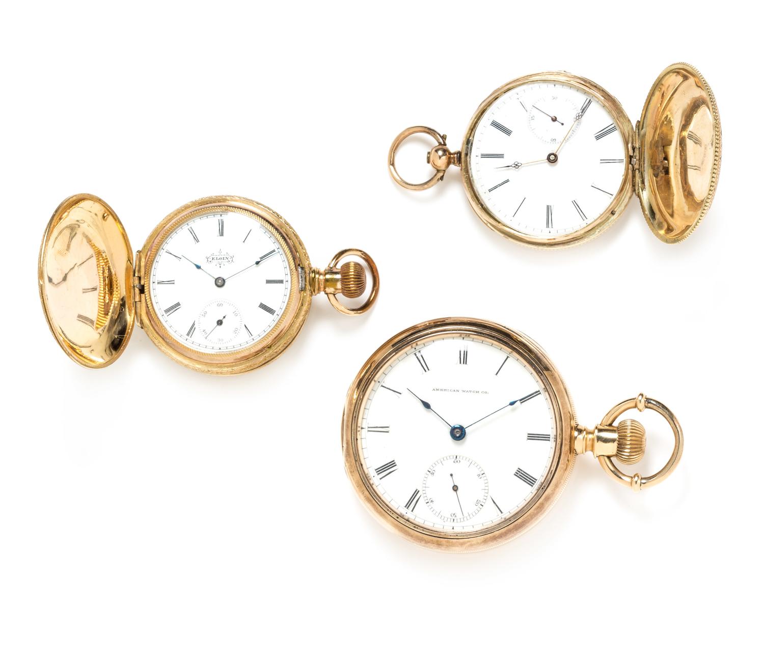 A Collection of 18 and 14 Karat Yellow Gold Pocket Watches, Elgin and Waltham, 144.10 dwts.