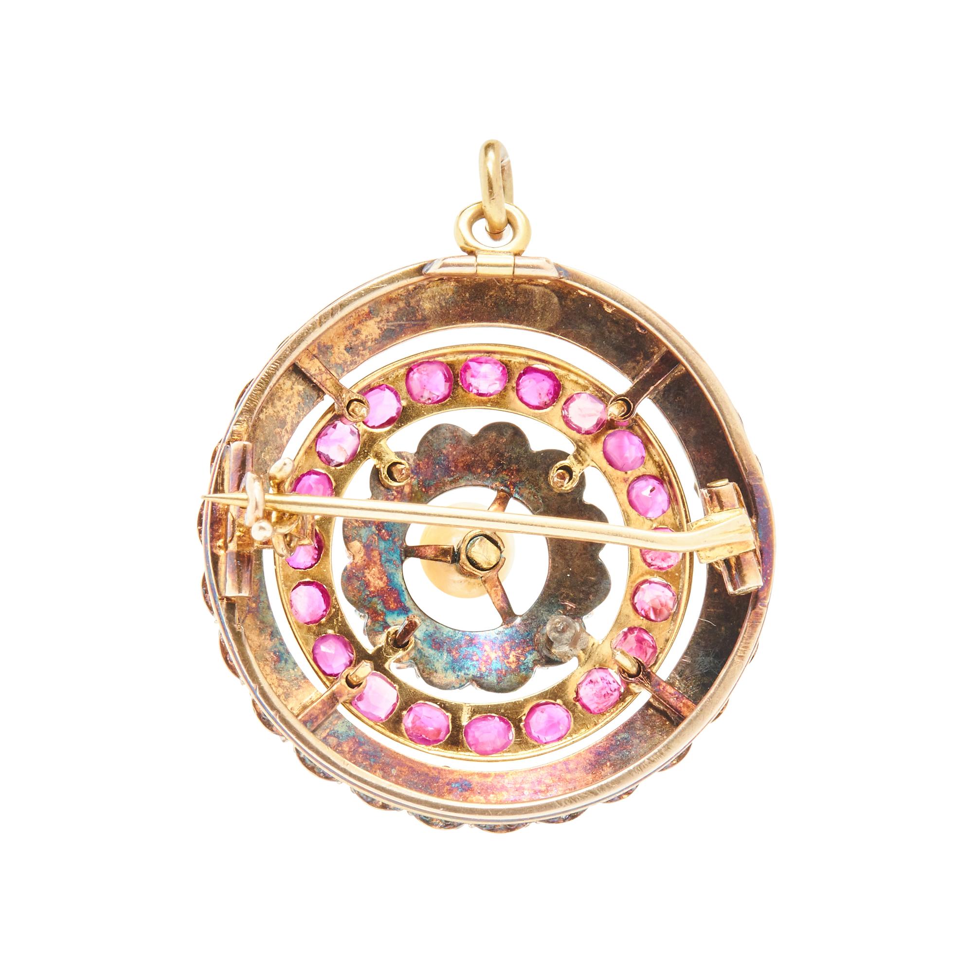 ANTIQUE, DIAMOND, RUBY AND CULTURED PEARL BROOCH/PENDANT