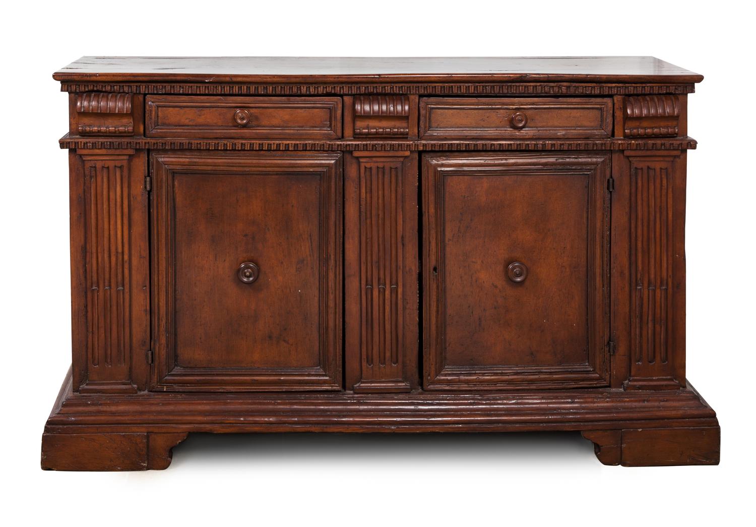 An Italian Walnut Server Height 40 1/2 x width 66 1/2 x depth 21 1/2 inches.