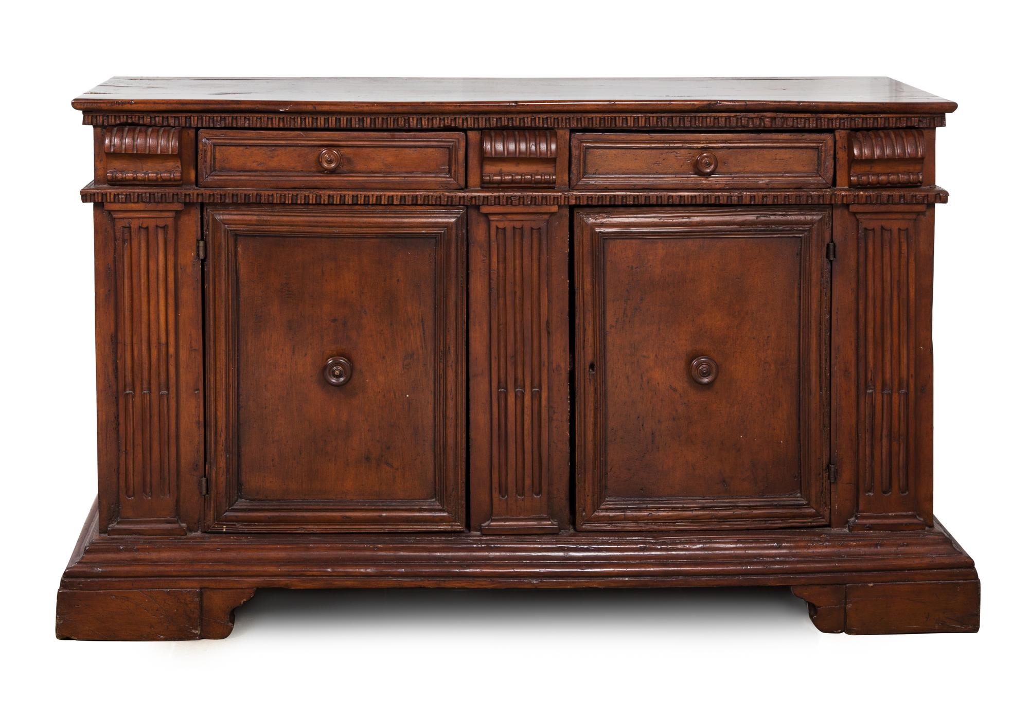 An Italian Walnut Server Height 40 1/2 x width 66 1/2 x depth 21 1/2 inches.