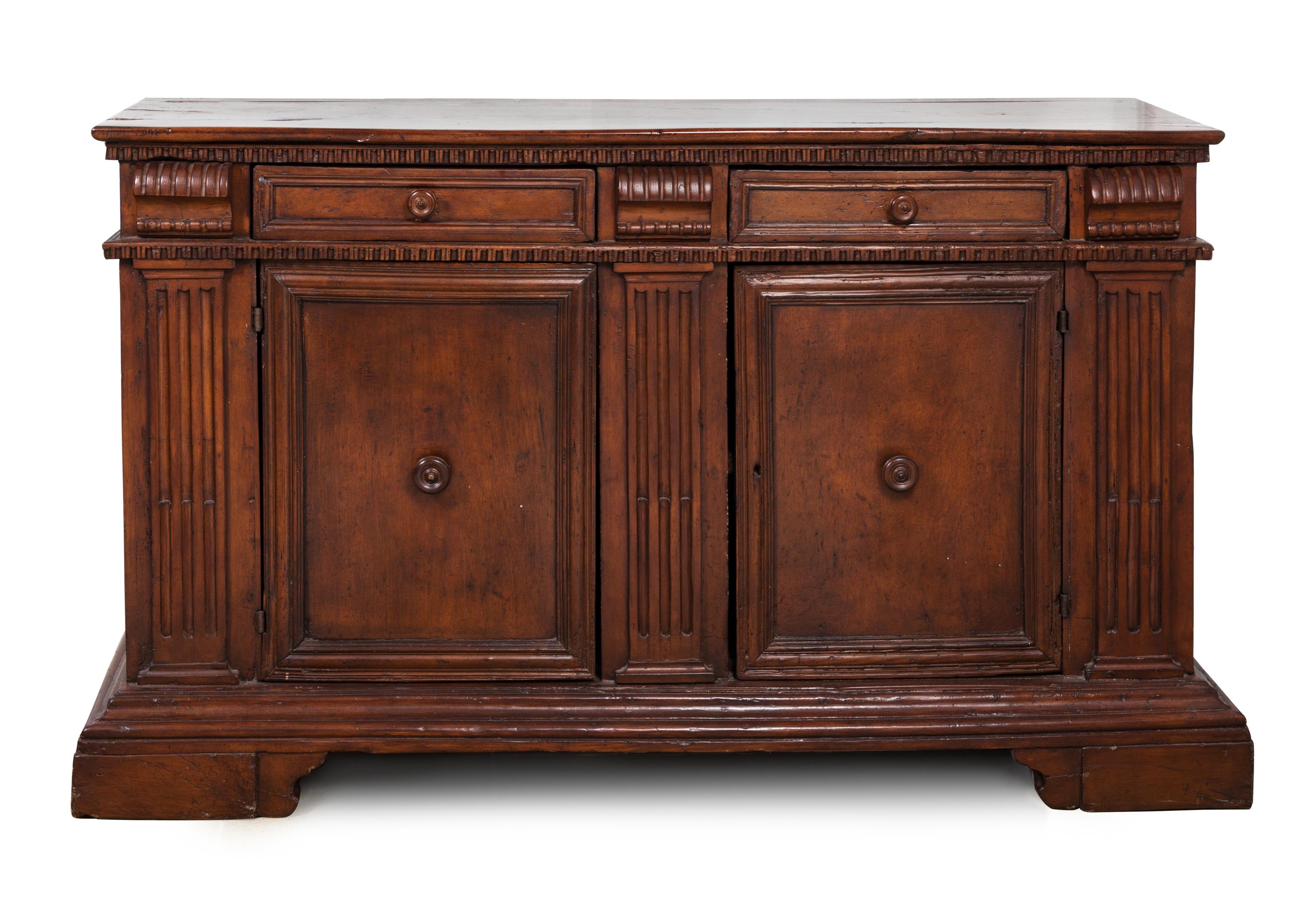 An Italian Walnut Server Height 40 1/2 x width 66 1/2 x depth 21 1/2 inches.