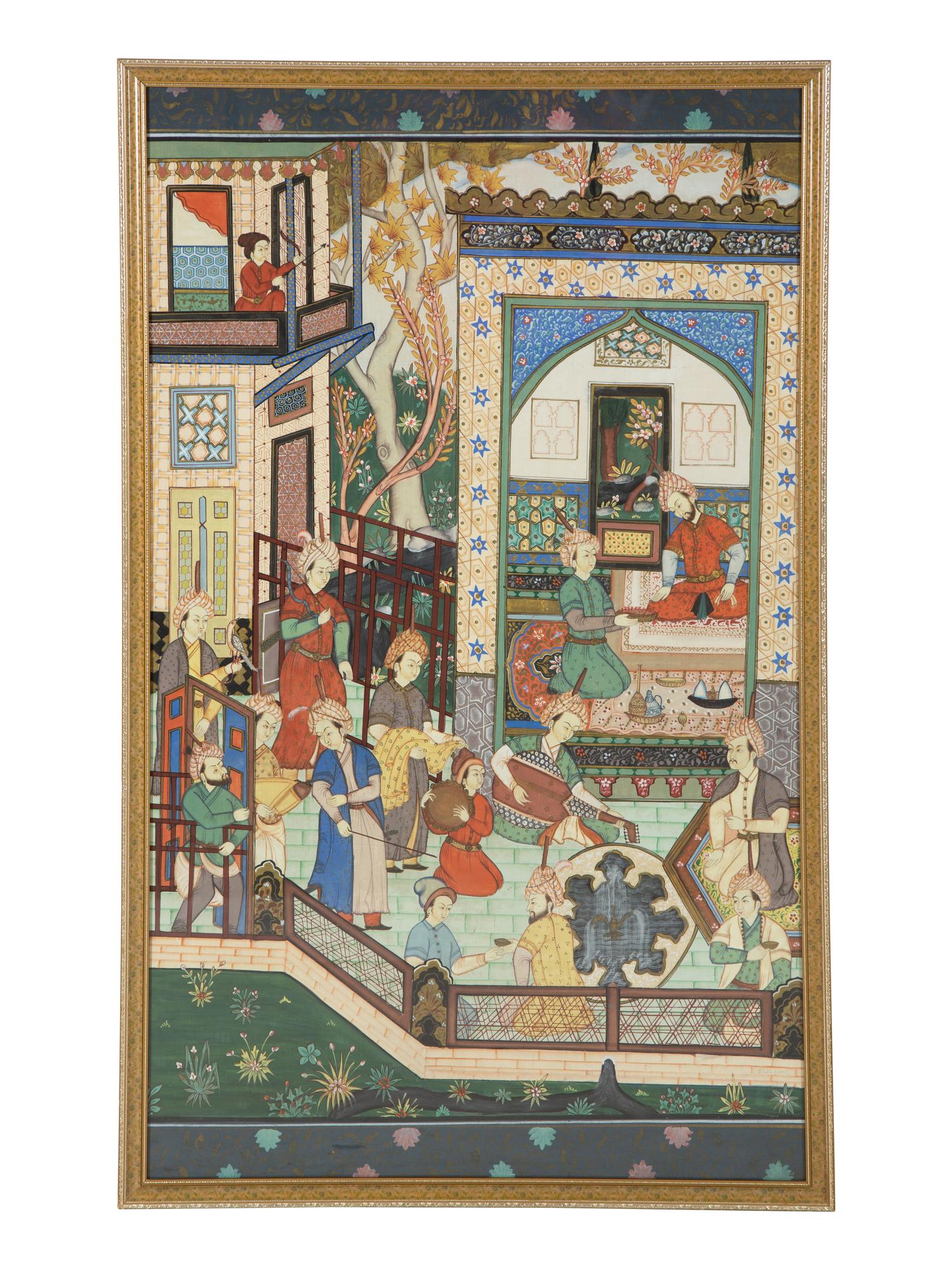 A Persian Painted Panel of Court Figures on a Veranda — 20th Century