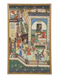 A Persian Painted Panel of Court Figures on a Veranda — 20th Century