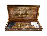 A Syrian Marquetry Inlaid Game Board Height 2 3/4 x width 15 1/4 x depth 7 1/2 inches (closed.)