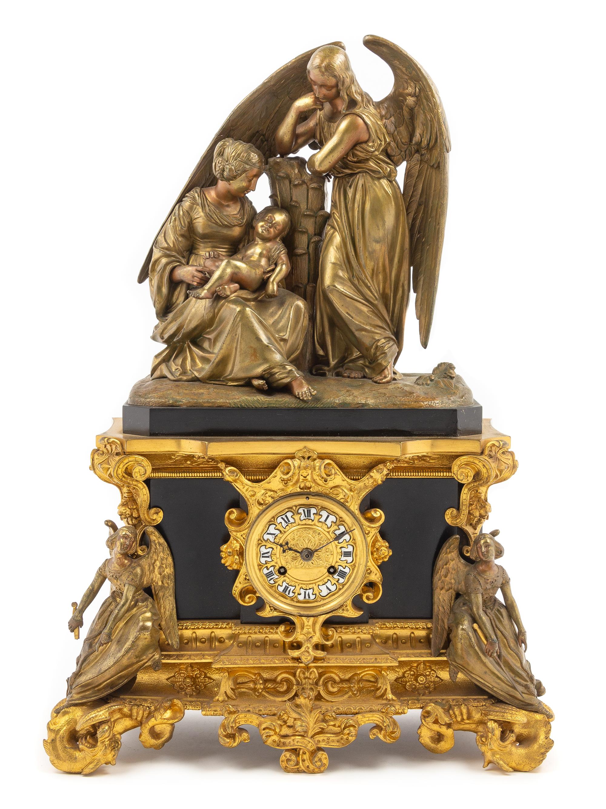 A French Gilt Bronze Mounted Slate Mantel Clock Height 22 1/2 x width 13 x depth 7 inches. — LATE 19TH CENTURY