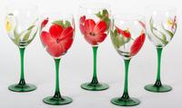 A Set of Hand Painted Wine Glasses Height 8 1/4 inches.