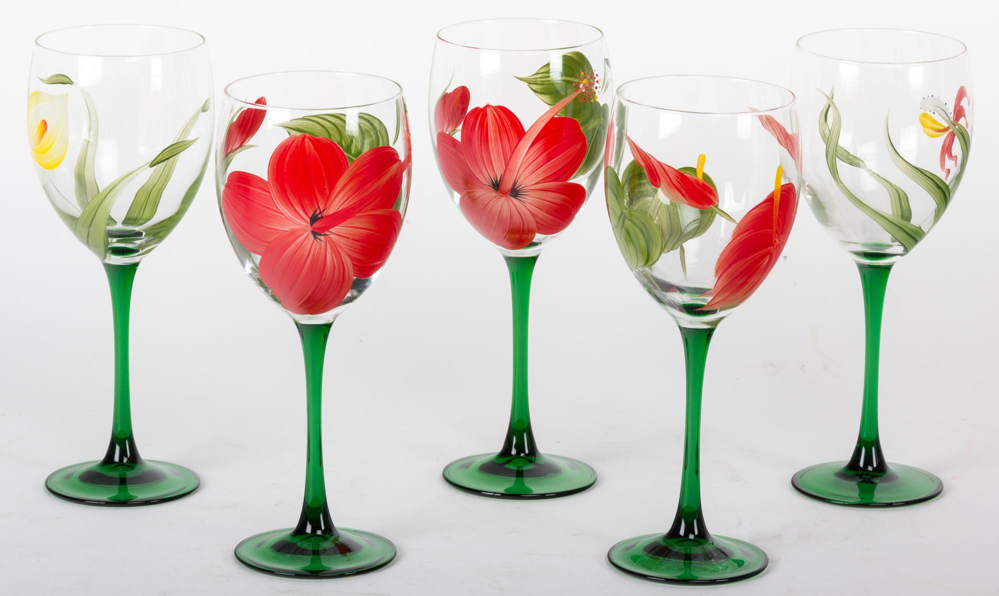 A Set of Hand Painted Wine Glasses Height 8 1/4 inches.