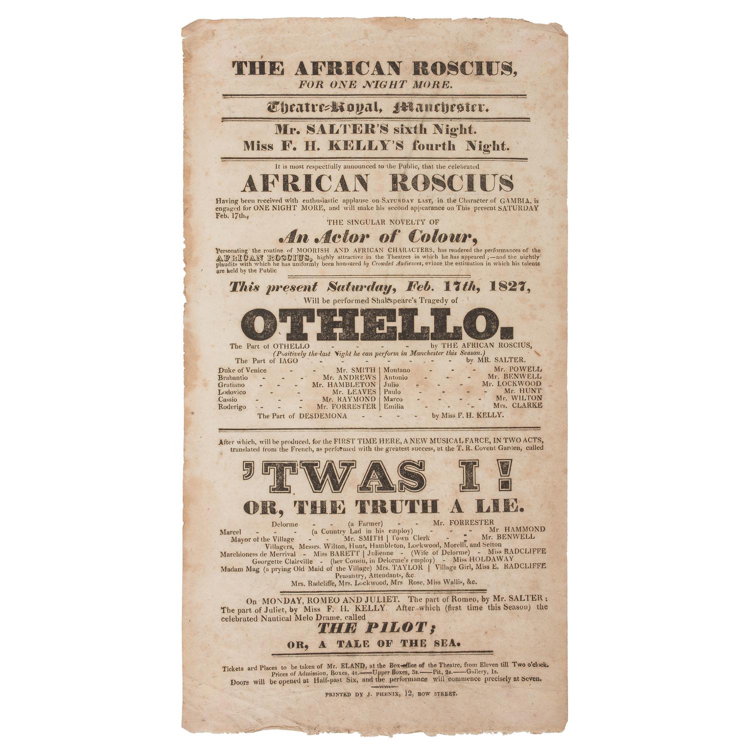 African American Shakespearean Actor Ira Aldridge, " The African Roscius ," Broadside for 1827 Performance of Othello