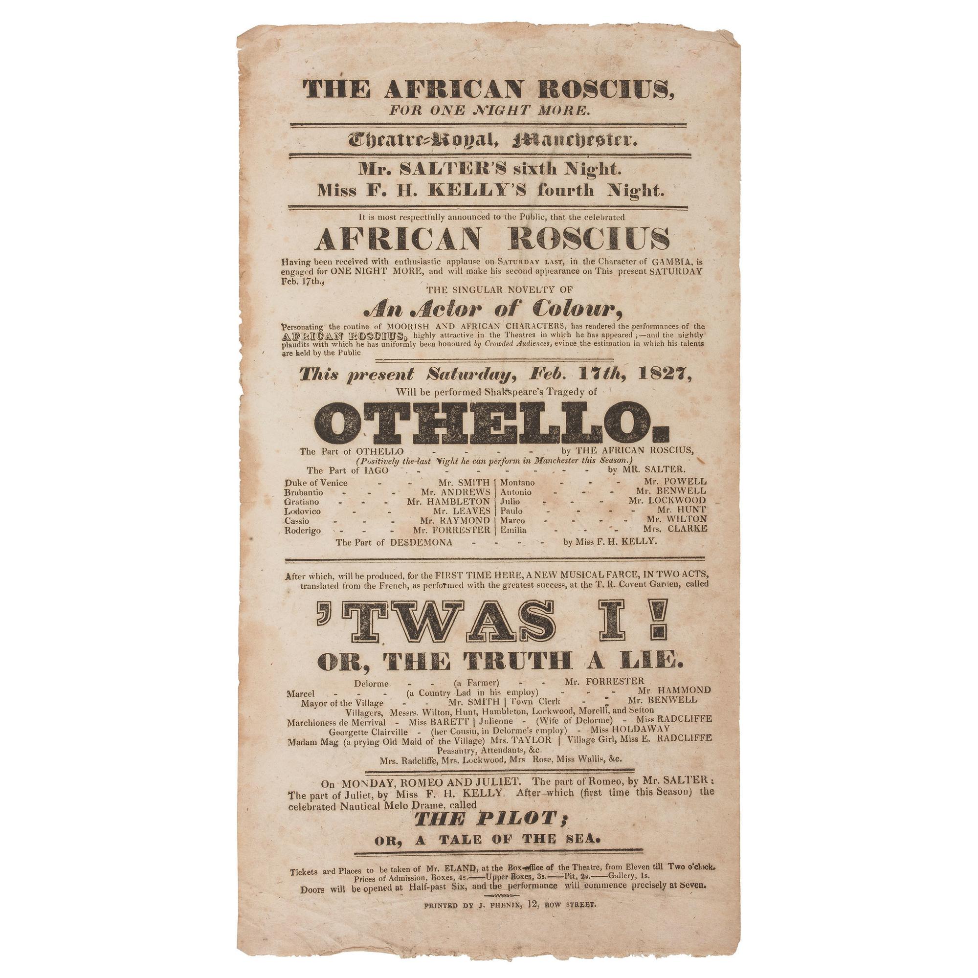 African American Shakespearean Actor Ira Aldridge, " The African Roscius ," Broadside for 1827 Performance of Othello