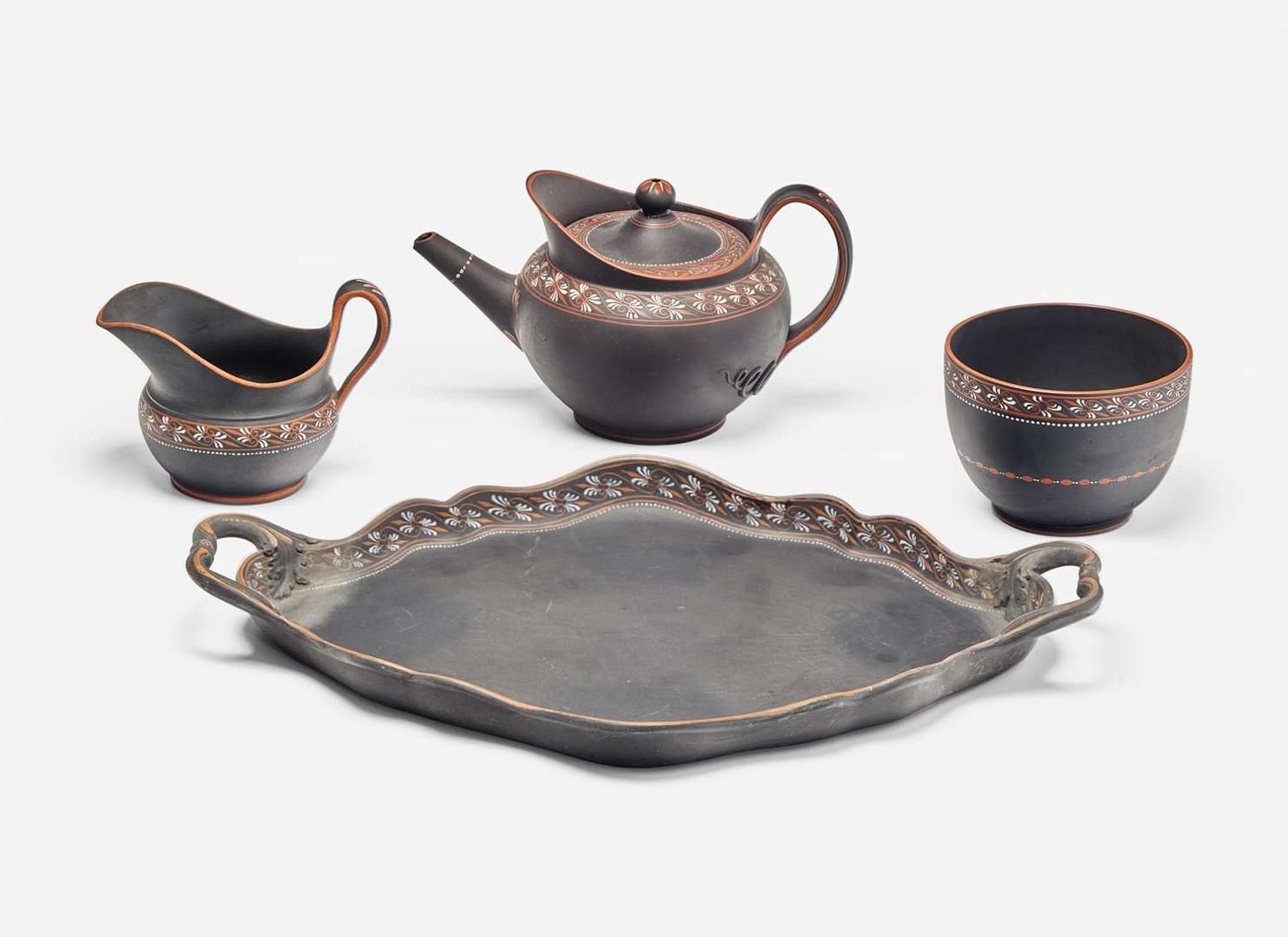 An Assembled Wedgwood Encaustic Decorated Black Basalt Tea Set, UK, circa 1790-1800