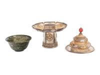 A Tibetan Silver and Spinach Jade Tea Set