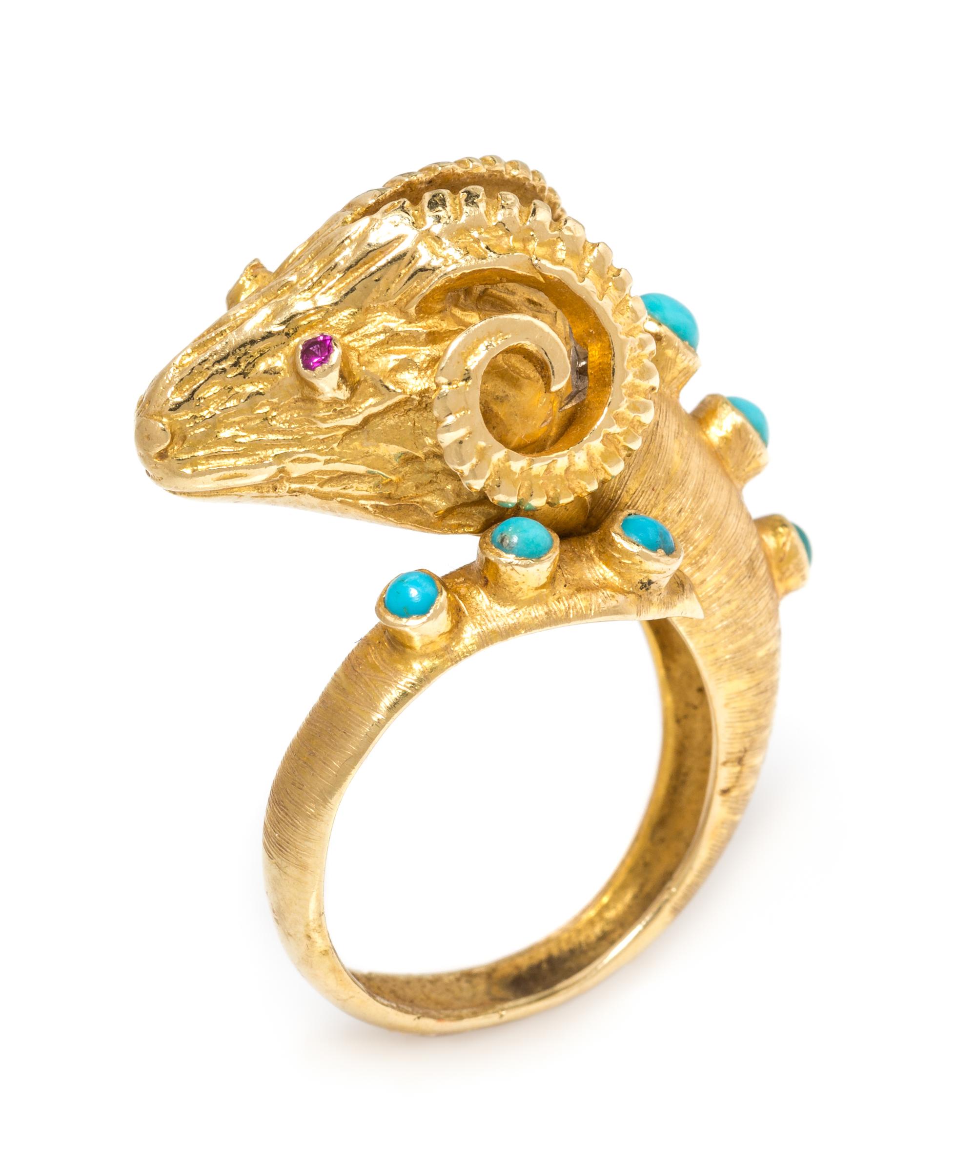 YELLOW GOLD AND GEMSTONE RAM'S HEAD RING