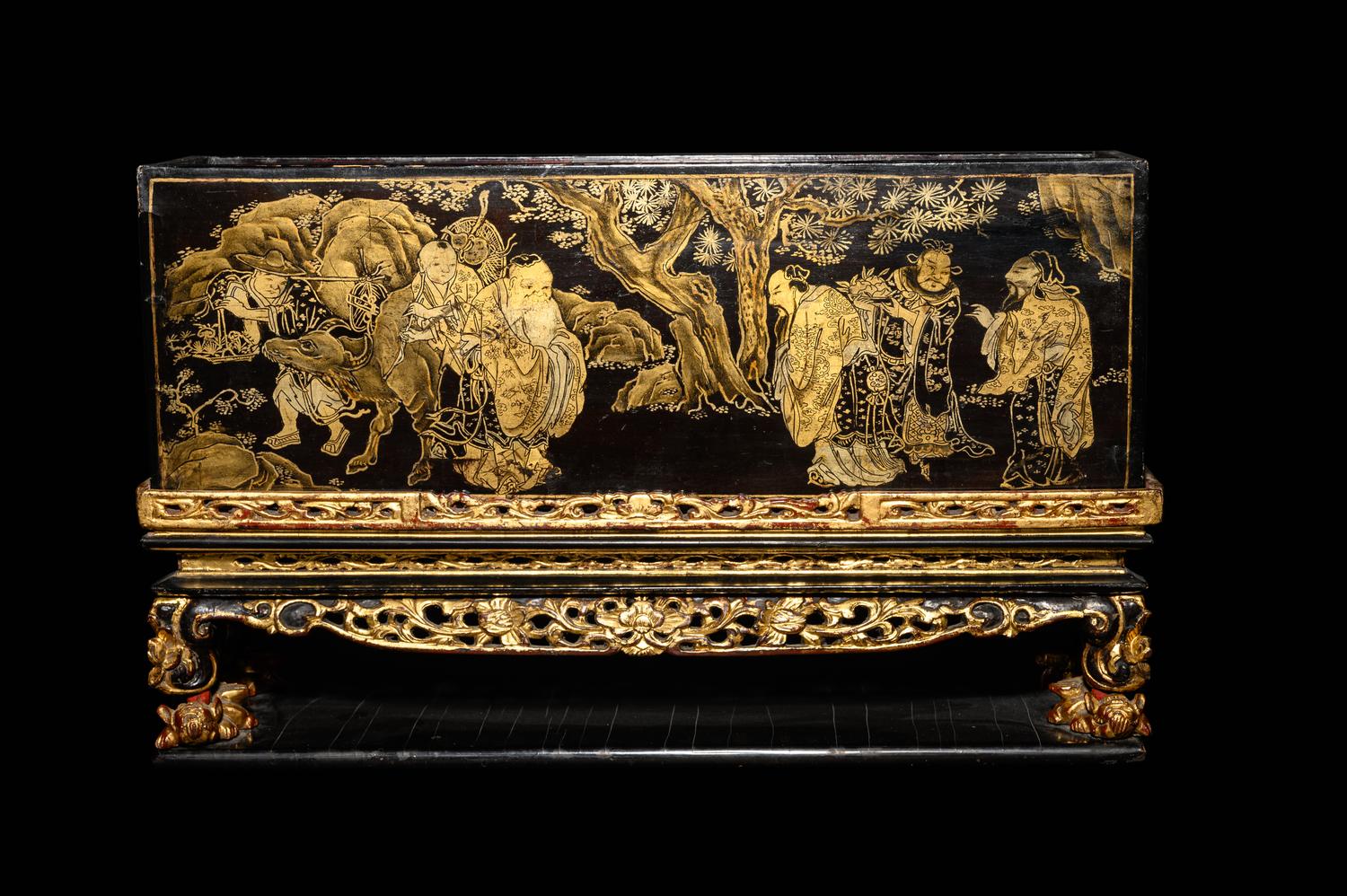 Two Gilt Decorated Black Lacquer Covered Boxes