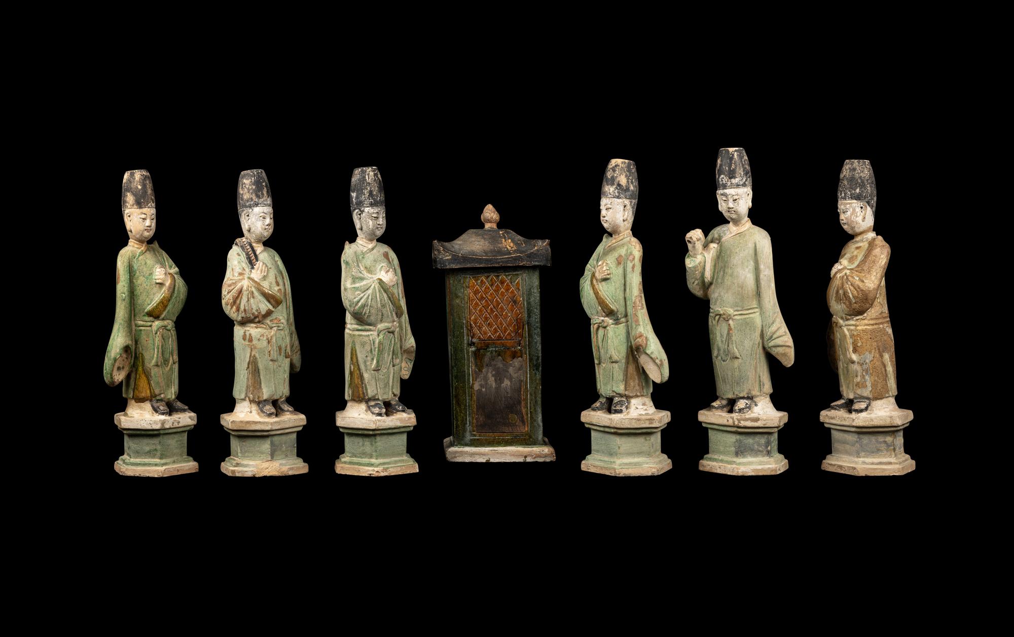 Six Chinese Sancai Glazed and Painted Pottery Figures