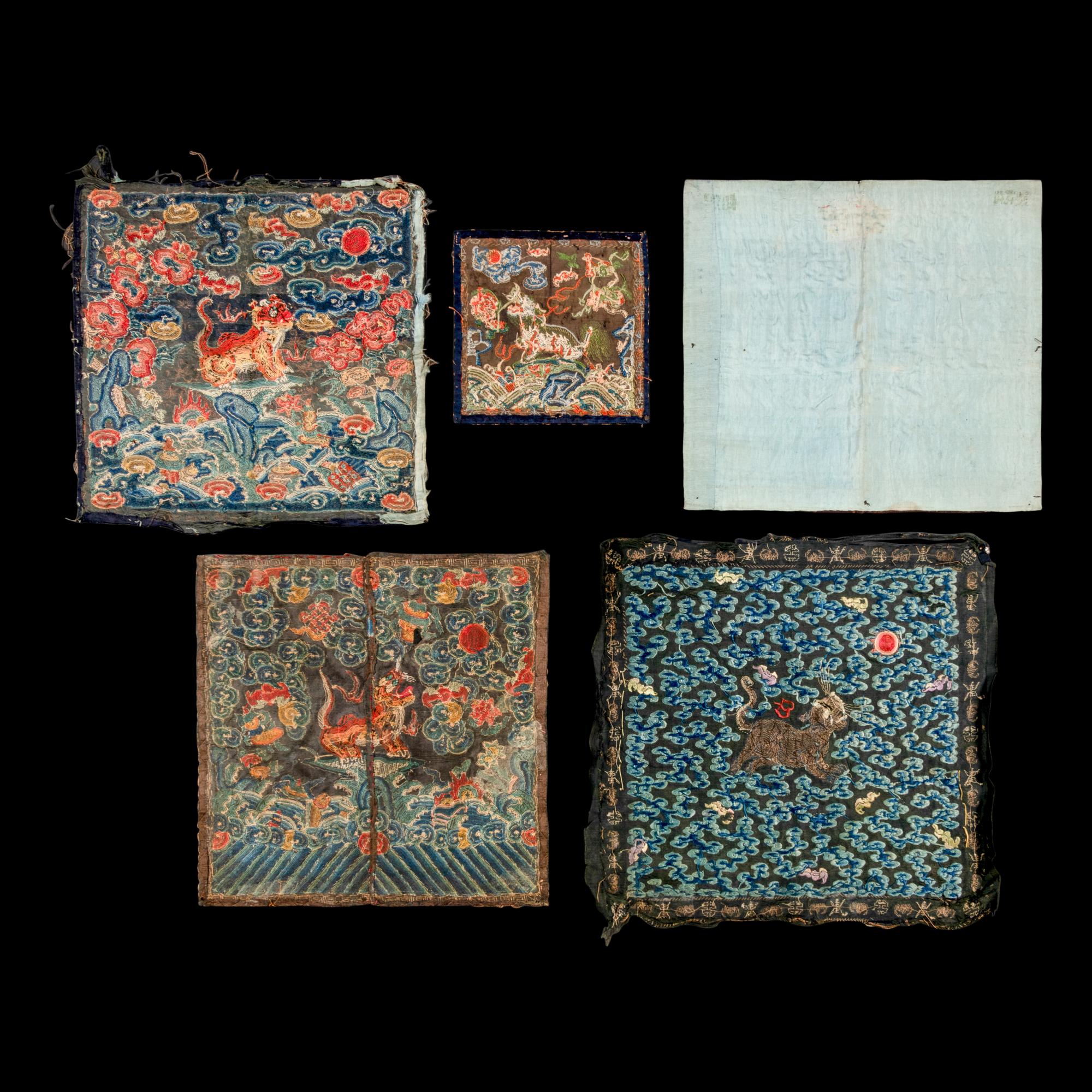 Five Chinese Embroidered Silk Military Official's Rank Badges, Buzi , 19th Century 清中晚期 刺綉補子五幅