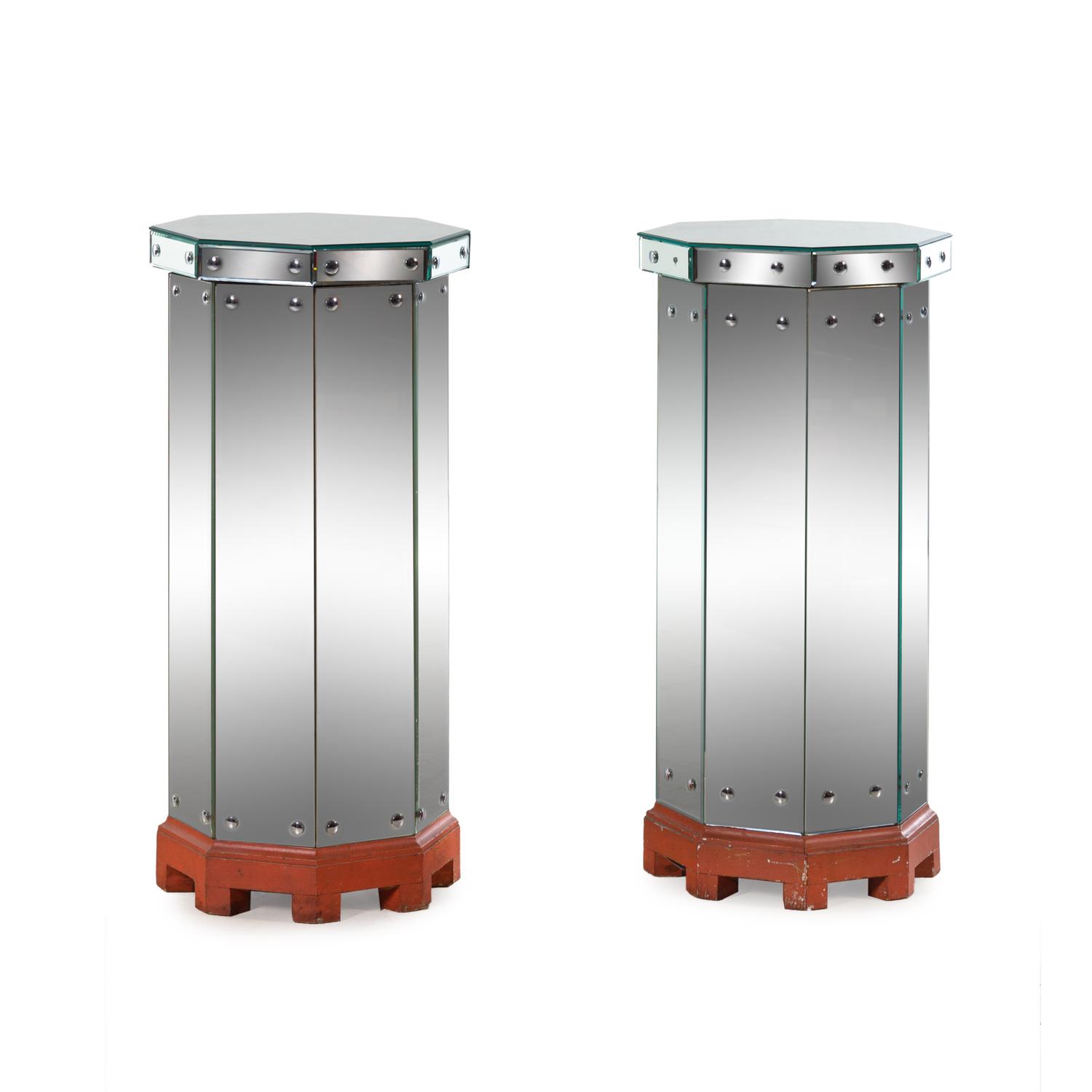A Pair of Venetian Mirrored Glass Octagonal Pedestals