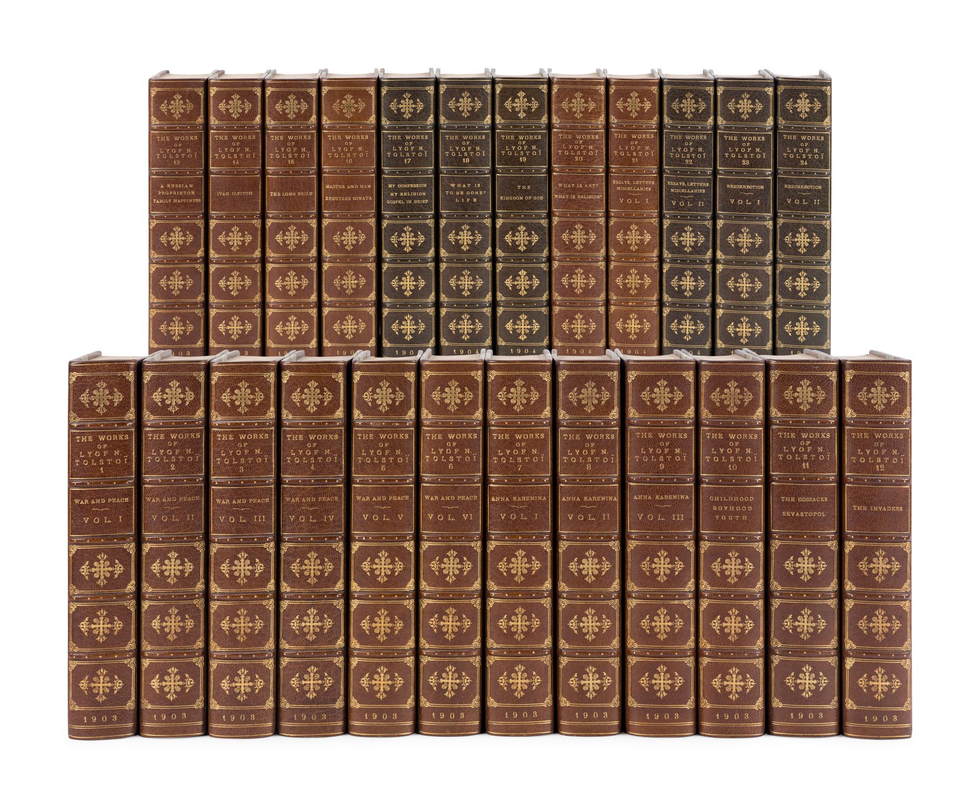 TOLSTOY, Lev Nikolayevich, Count (1828-1910). The Novels & Other Works of Lyof N. Tolstoi . New York: Charles Scribner’s Sons, 1903-1904.