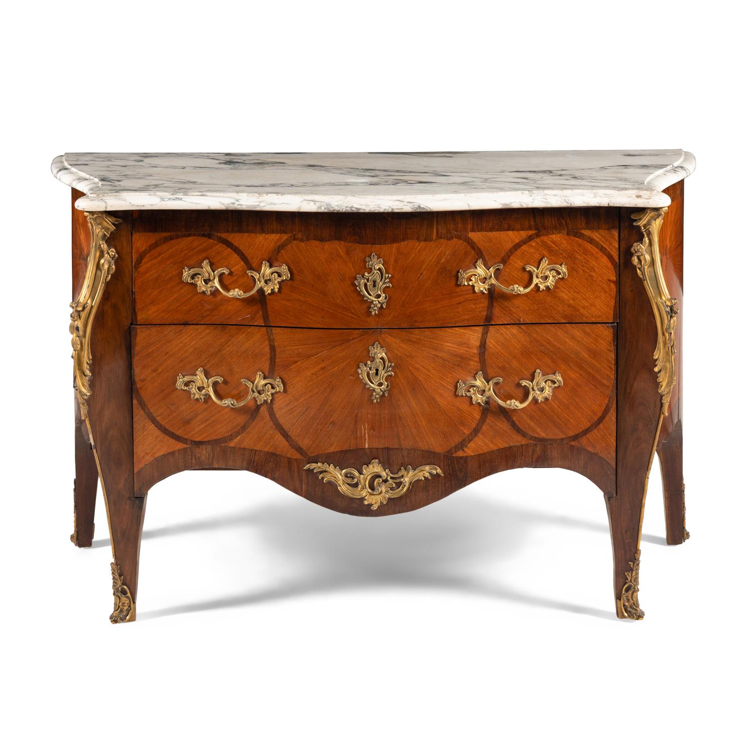 A Louis XV Style Gilt Bronze Mounted Mahogany and Parquetry Marble-Top Bombé Commode