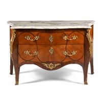 A Louis XV Style Gilt Bronze Mounted Mahogany and Parquetry Marble-Top Bombé Commode