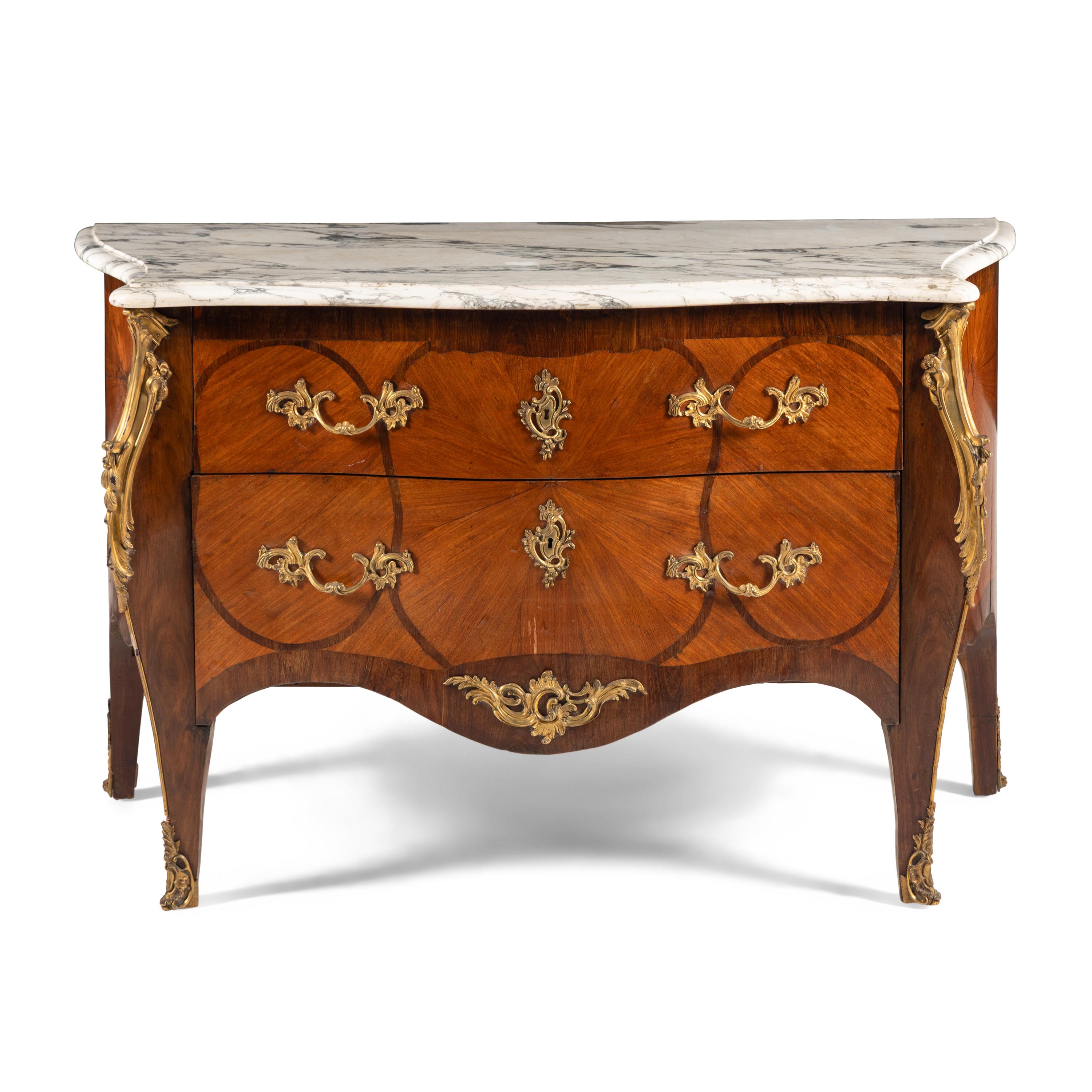 A Louis XV Style Gilt Bronze Mounted Mahogany and Parquetry Marble-Top Bombé Commode