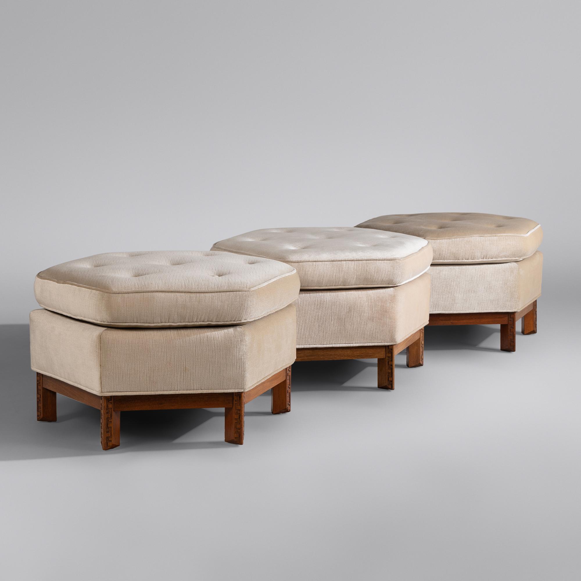 Taliesin hexagonal ottomans, three, c. 1955 Heritage Henredon USA