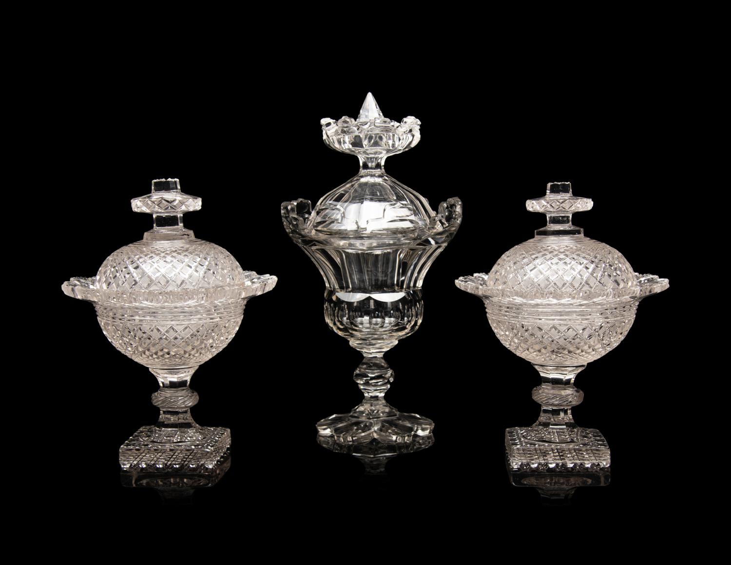 A Pair of English Cut Glass Footed Bowls and Covers