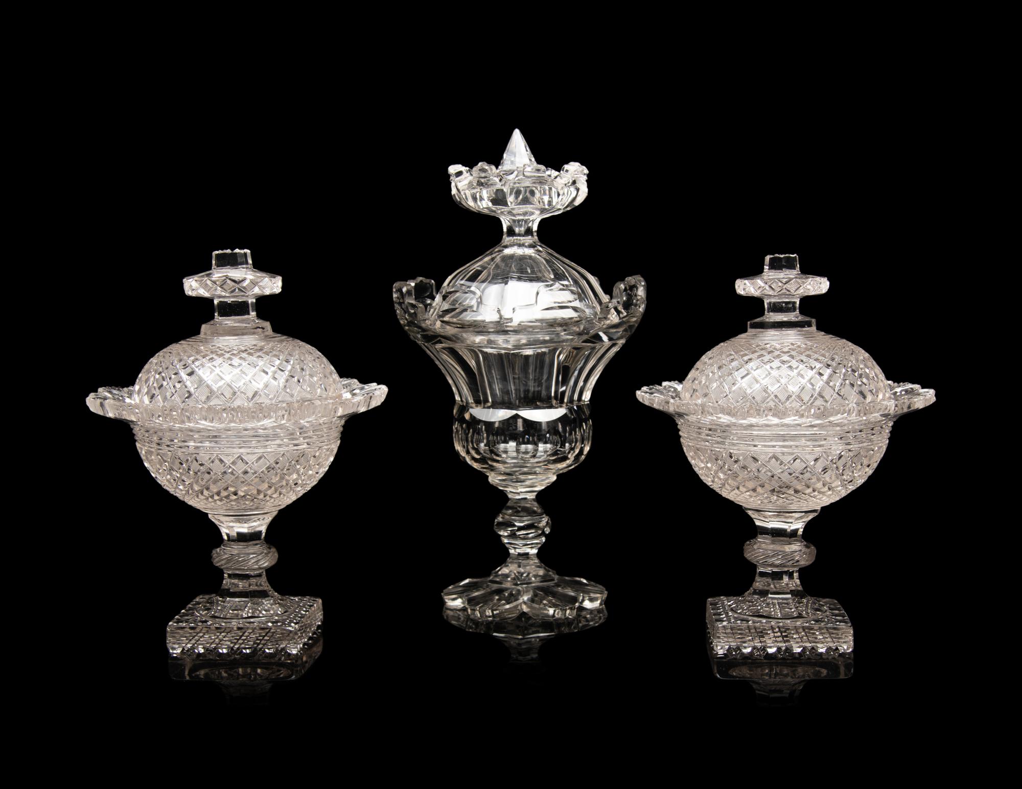 A Pair of English Cut Glass Footed Bowls and Covers