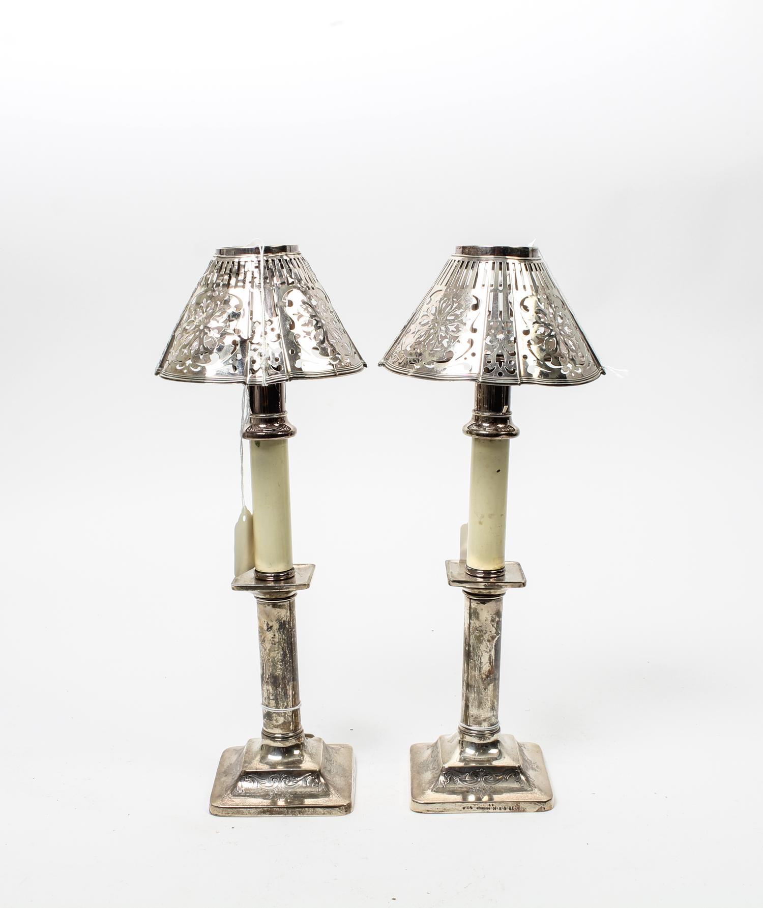 A Pair of American Silver Candlestick Lamps, ,
