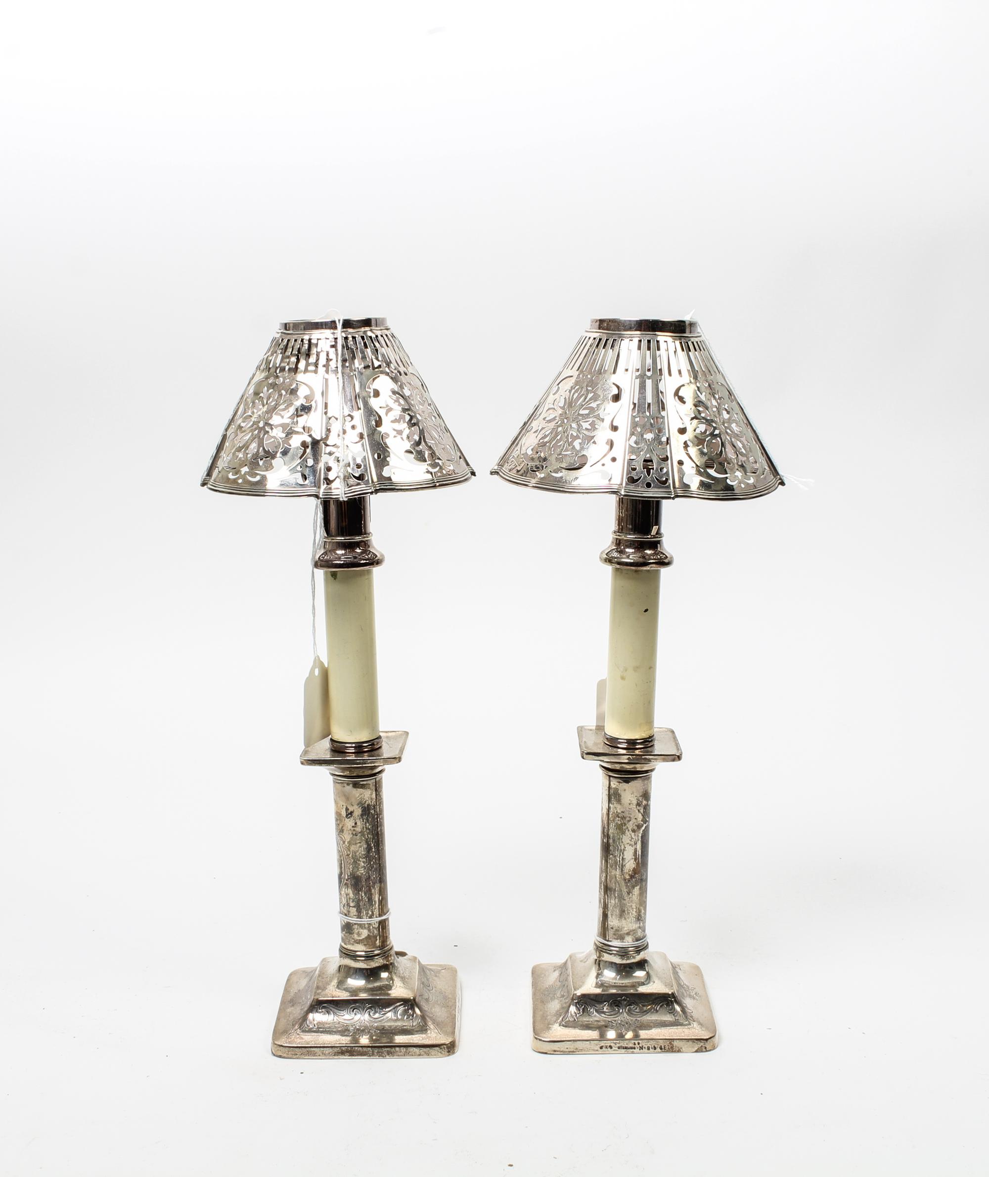 A Pair of American Silver Candlestick Lamps, ,