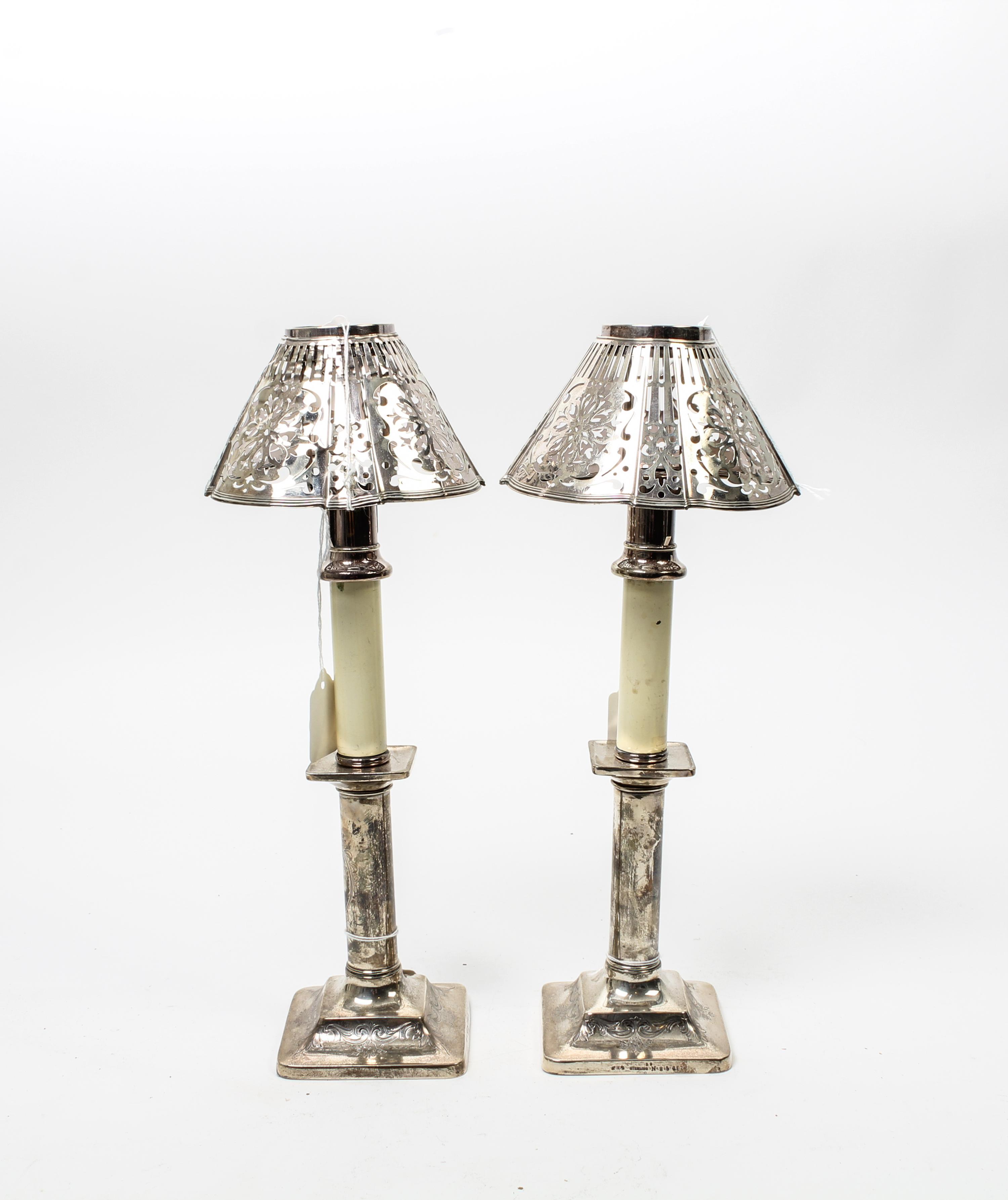 A Pair of American Silver Candlestick Lamps, ,