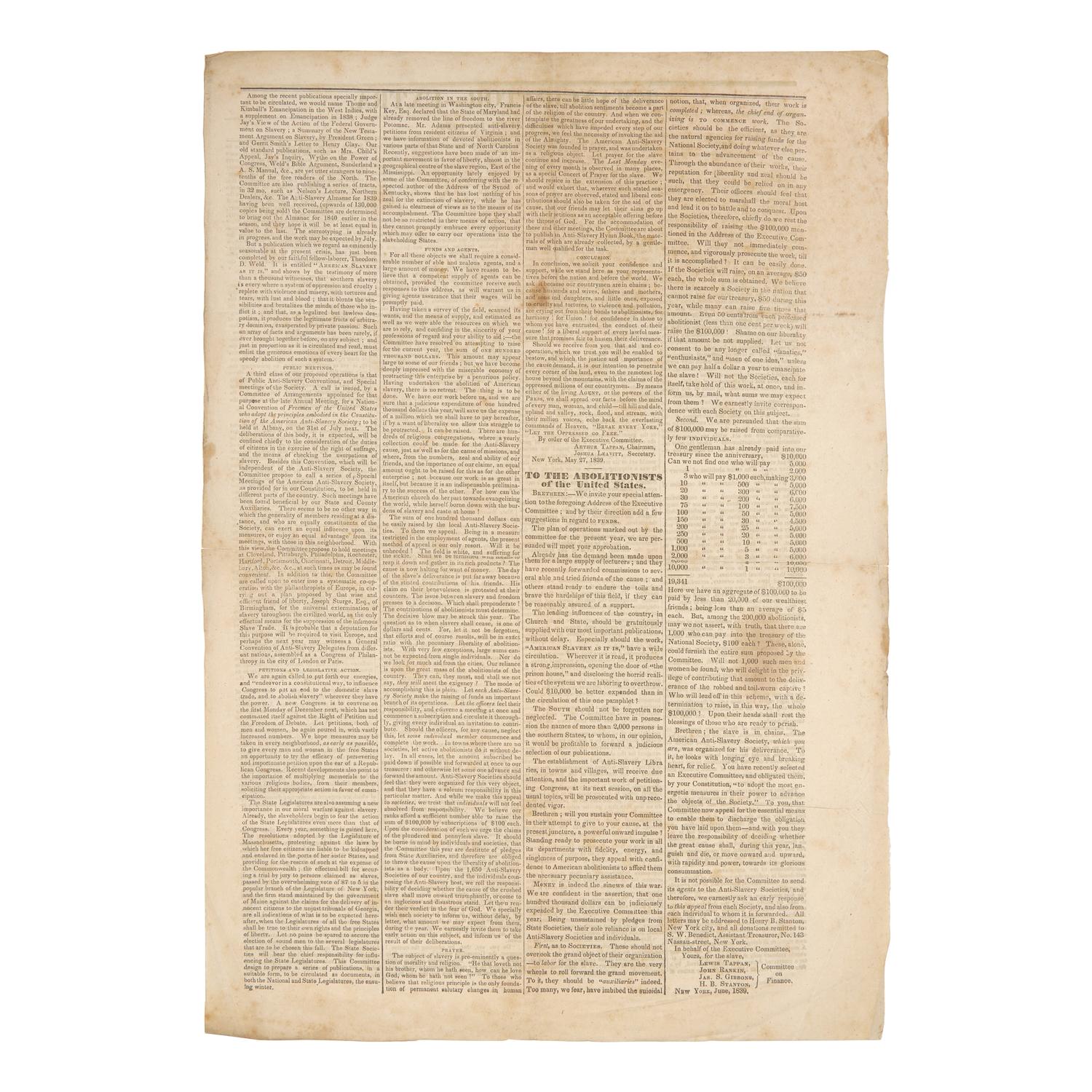 [African-Americana] [American Anti-Slavery Society] Rare Extra Issue of the Emancipator, the Official Newspaper of the American Anti-Slavery Society, Published in the Wake of the Group's 1839 Annual Meeting