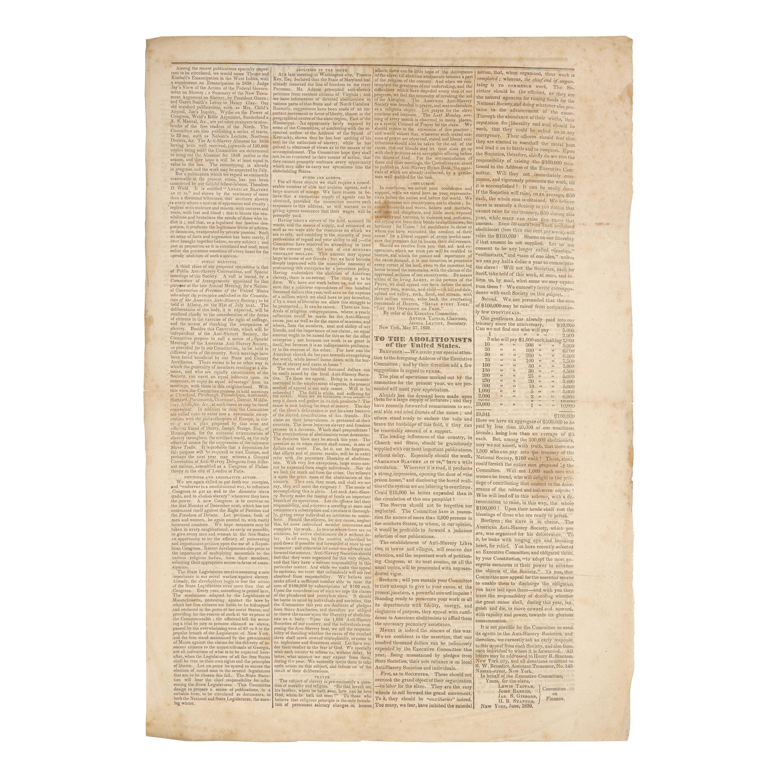 [African-Americana] [American Anti-Slavery Society] Rare Extra Issue of the Emancipator, the Official Newspaper of the American Anti-Slavery Society, Published in the Wake of the Group's 1839 Annual Meeting