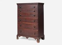 A red-painted pine tall chest, New England, circa 1800