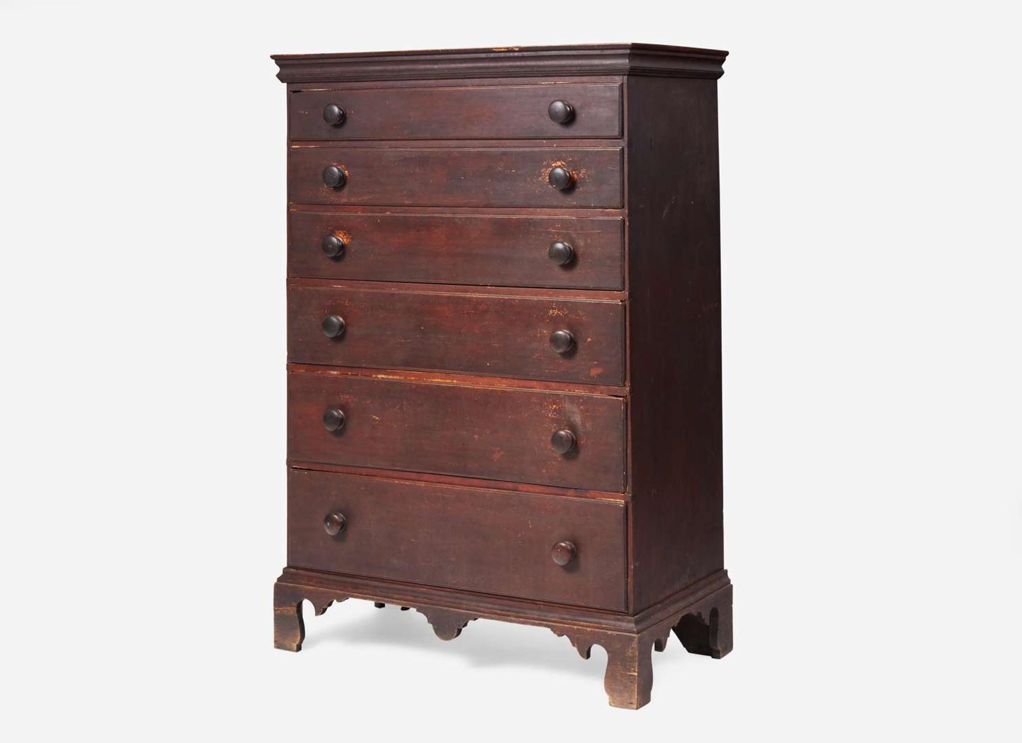 A red-painted pine tall chest, New England, circa 1800