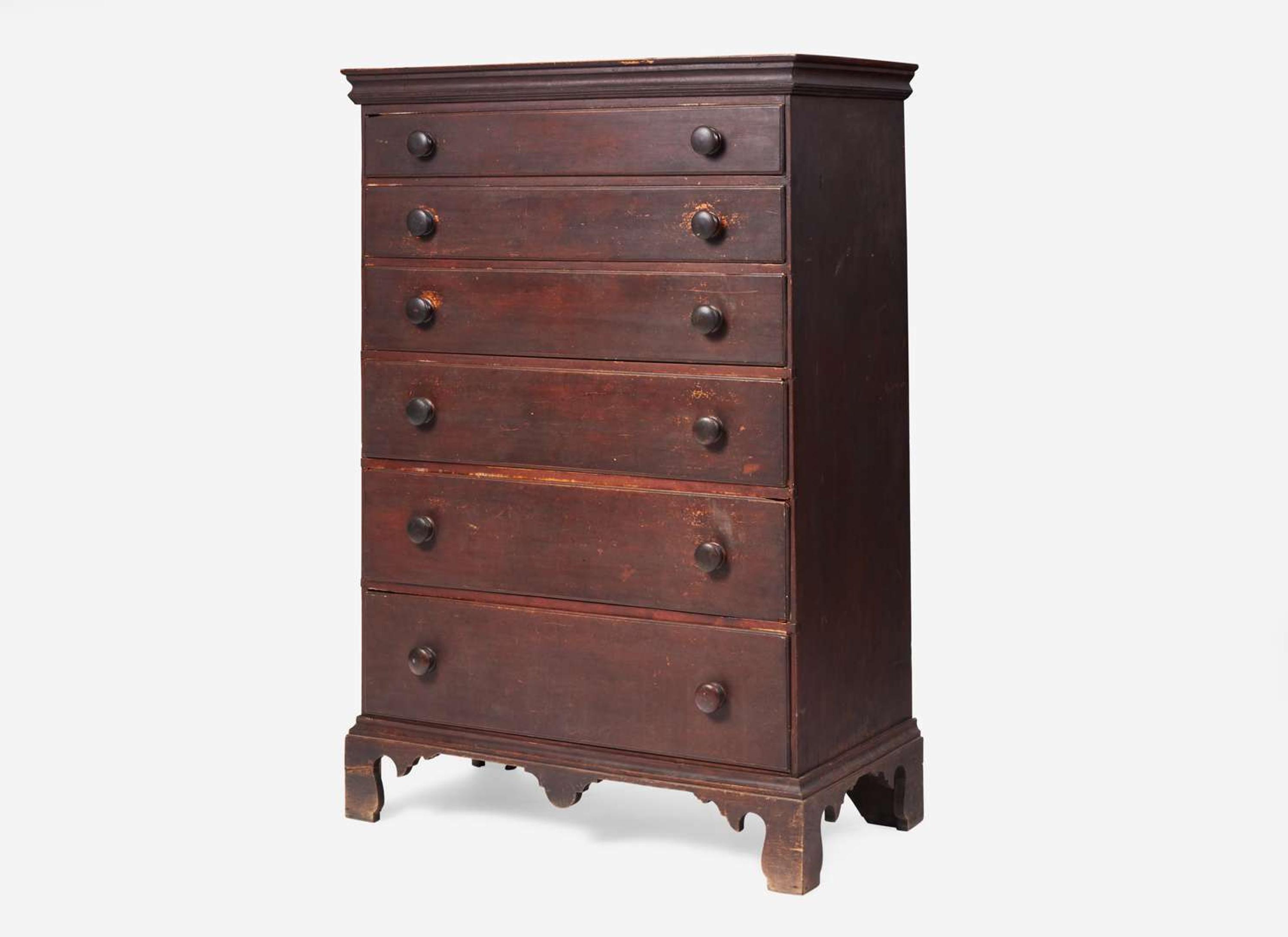 A red-painted pine tall chest, New England, circa 1800