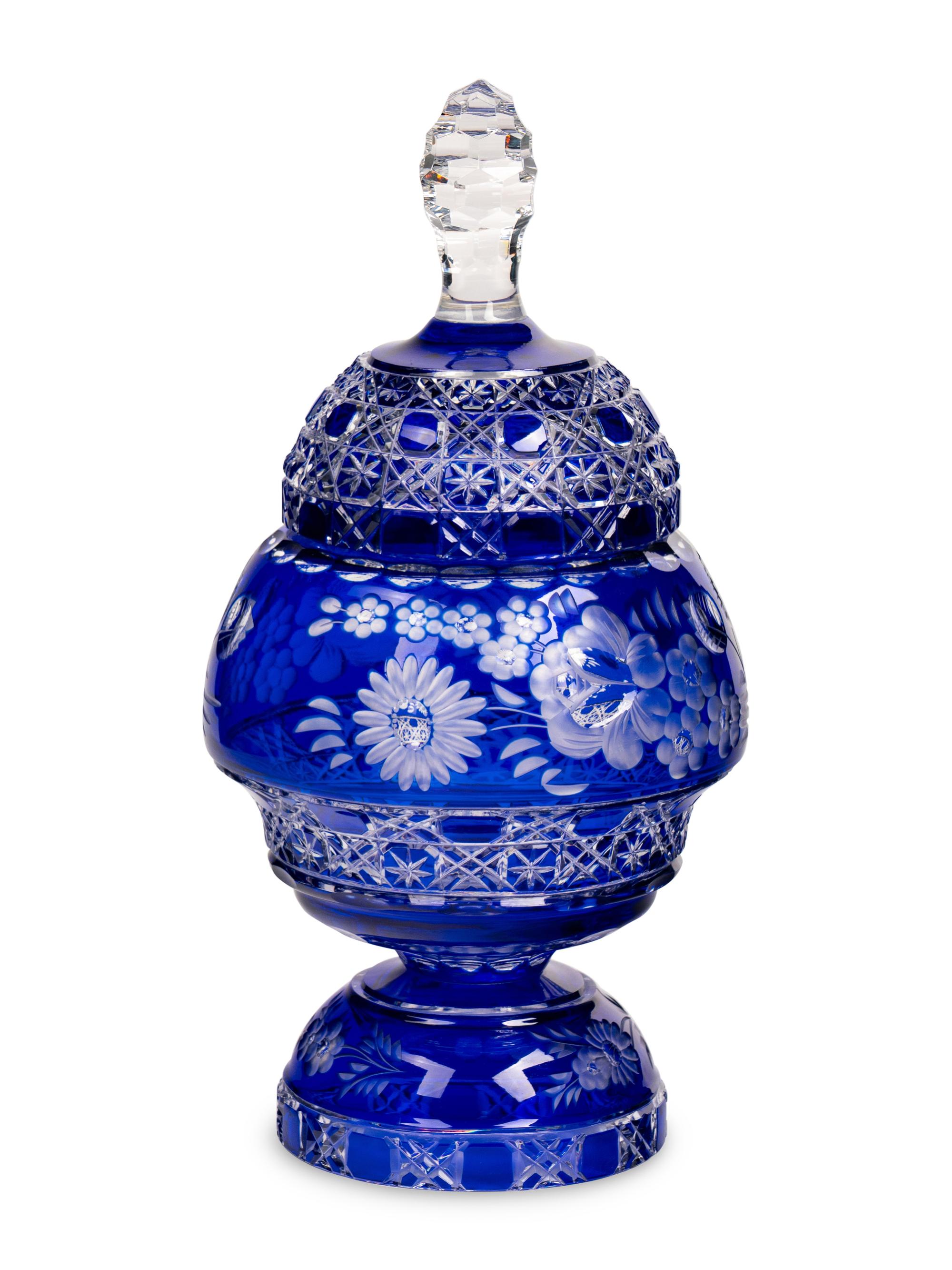 A Cobalt Cut-to-Clear Glass Jar and Cover