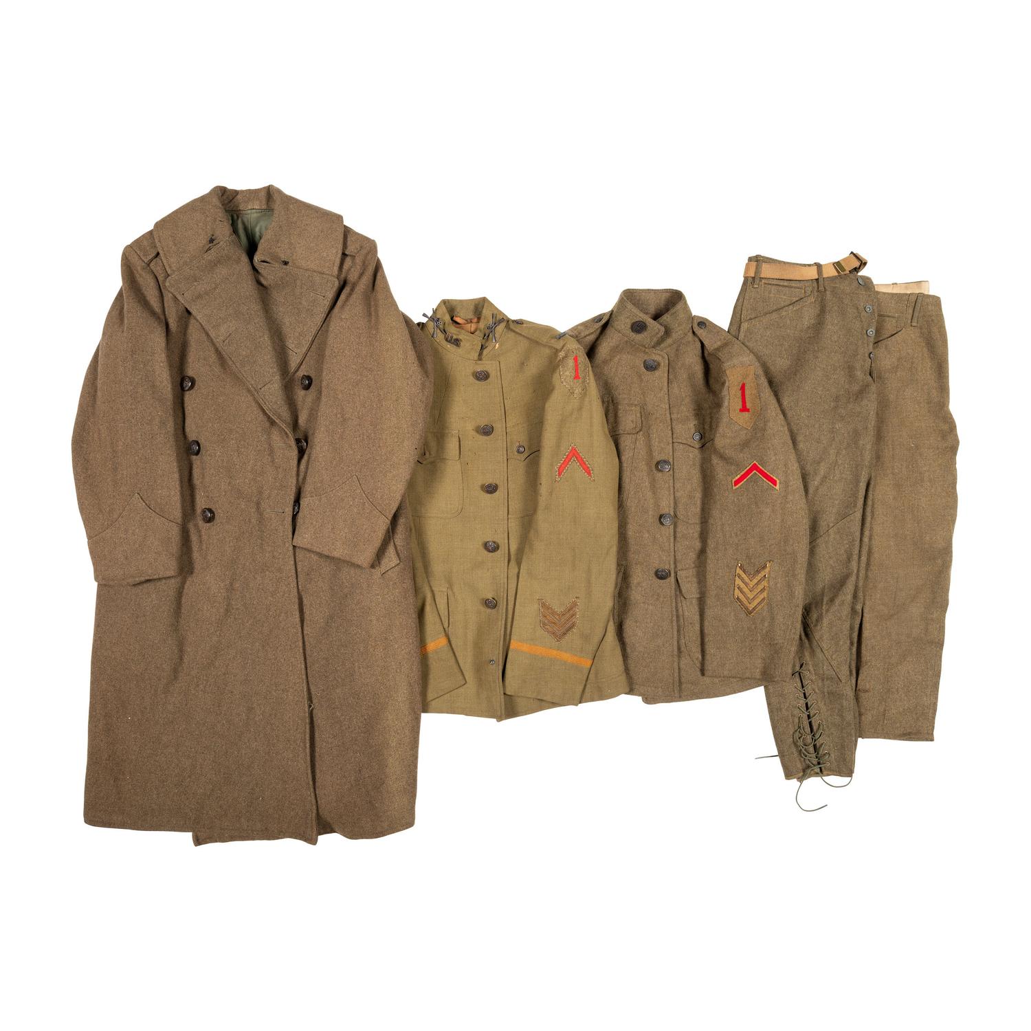 Group of WW1 1st Infantry Division 1917 Jackets and Greatcoat with Pants