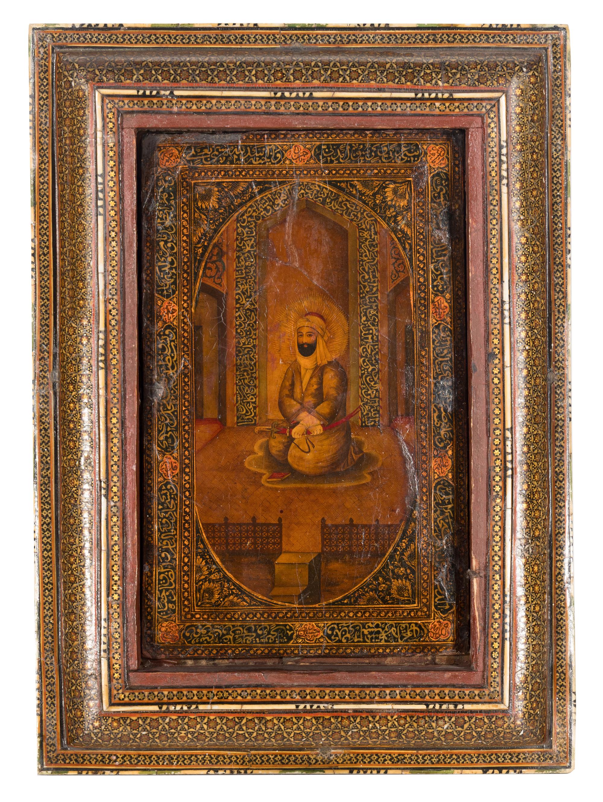 A Persian Lacquer Panel in a Marquetry Frame
