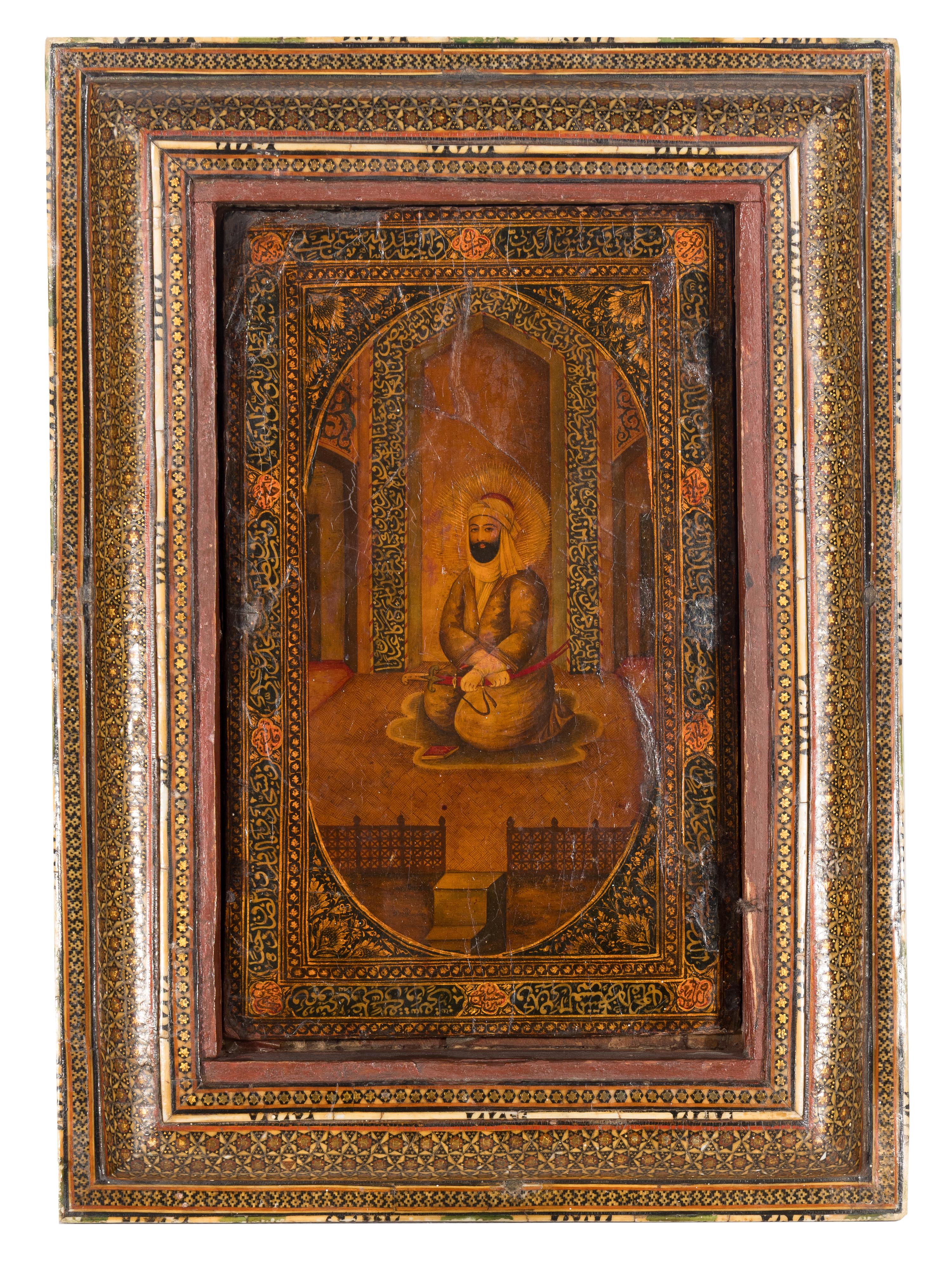 A Persian Lacquer Panel in a Marquetry Frame