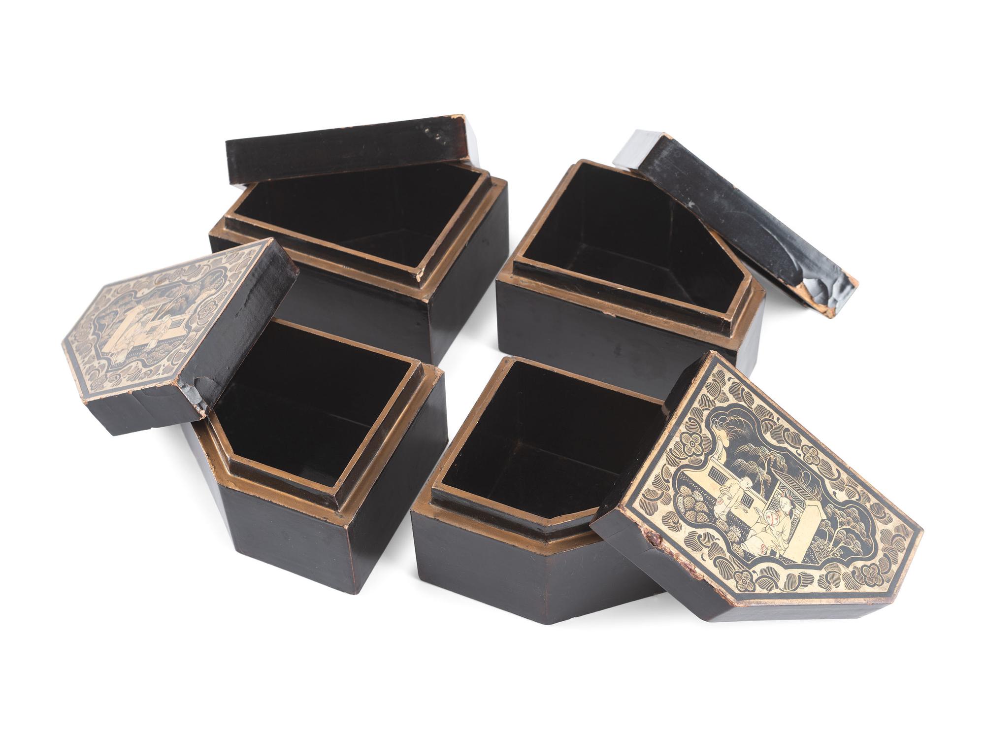 A Set of Regency Parcel-Gilt and Black Lacquered Jewelry Boxes