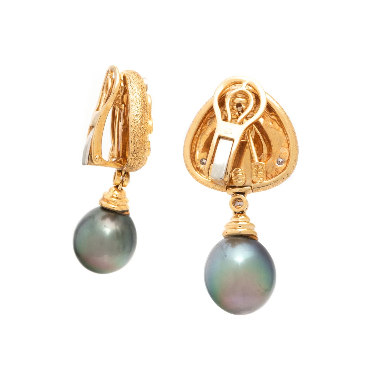 GRAY CULTURED PEARL AND DIAMOND EARRINGS