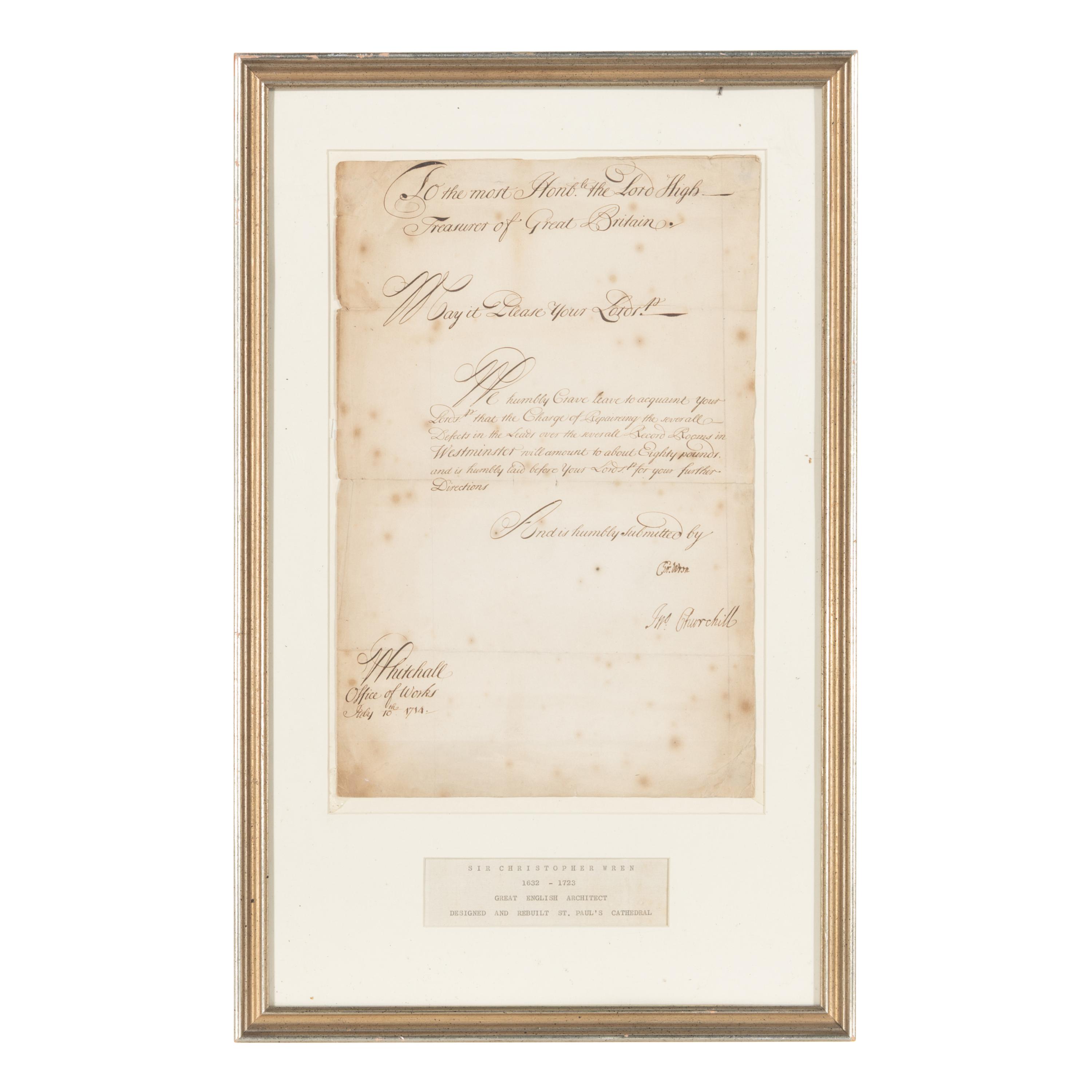 Wren, Christopher, Sir (1632-1723). Manuscript document signed ("Cr. Wren") to Sir William Wyndham, 3rd Baronet, Whitehall, 10 July 1714.